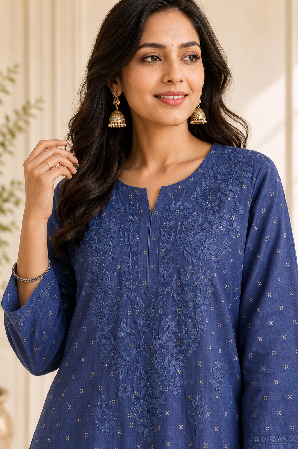 Royal Blue Chikankari Chanderi Dot Long Kurta view 2