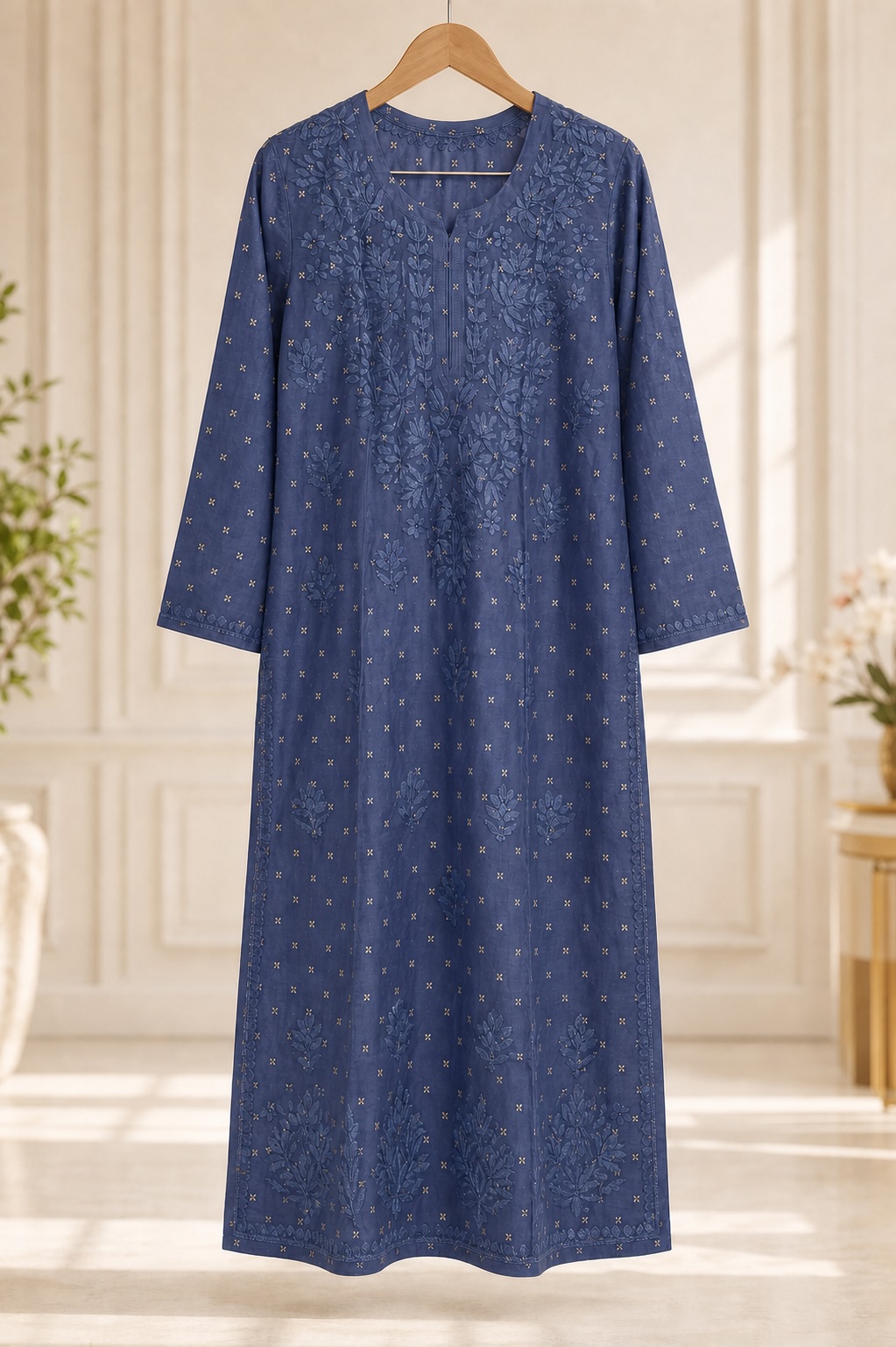 Royal Blue Chikankari Chanderi Dot Long Kurta view 3