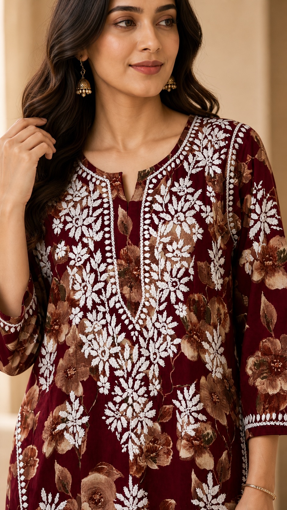 Maroon Floral Chikankari Rayon Long Kurta view 2