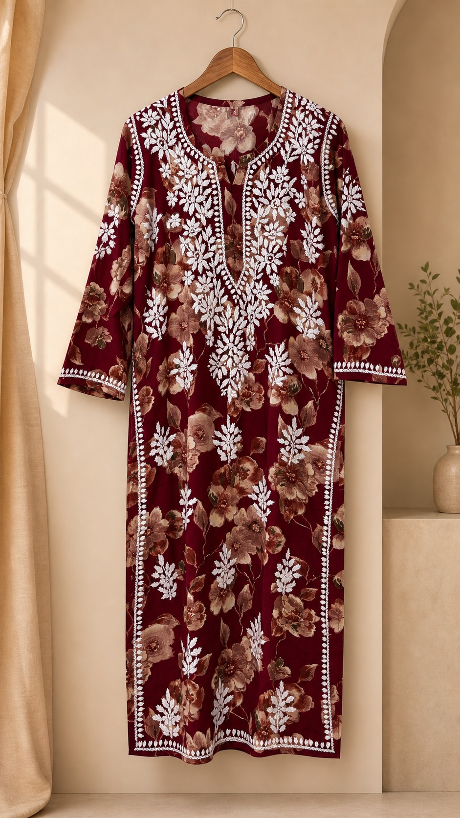 Maroon Floral Chikankari Rayon Long Kurta view 3
