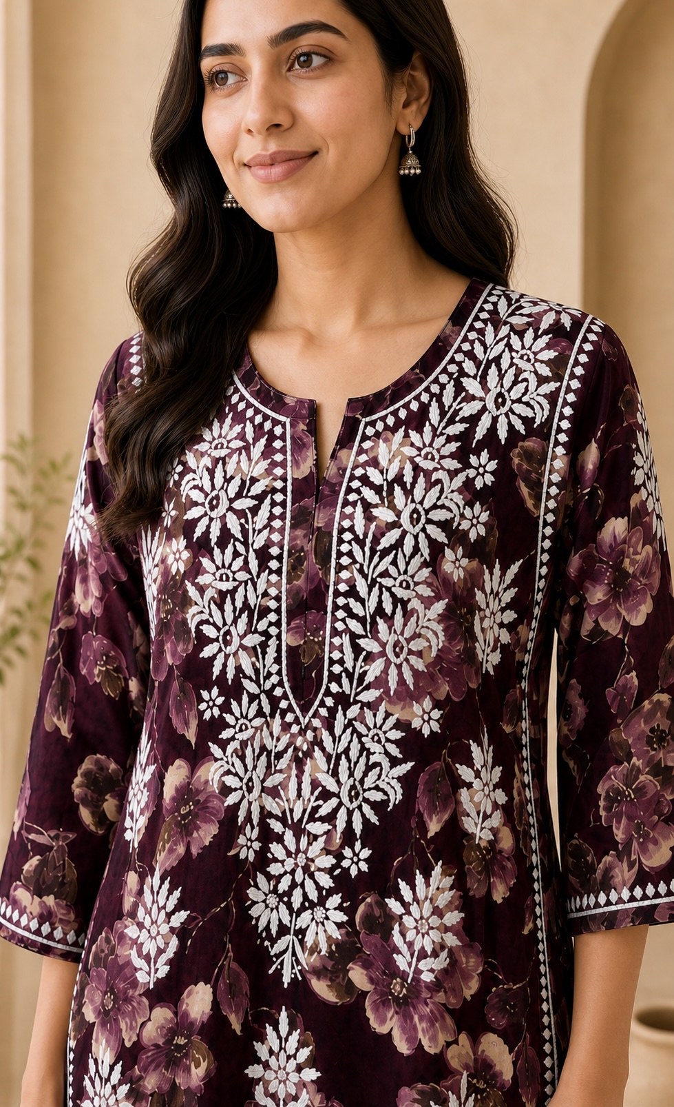 Plum Floral Chikankari Rayon Long Kurta view 2