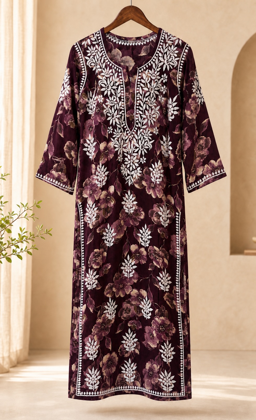 Plum Floral Chikankari Rayon Long Kurta view 3