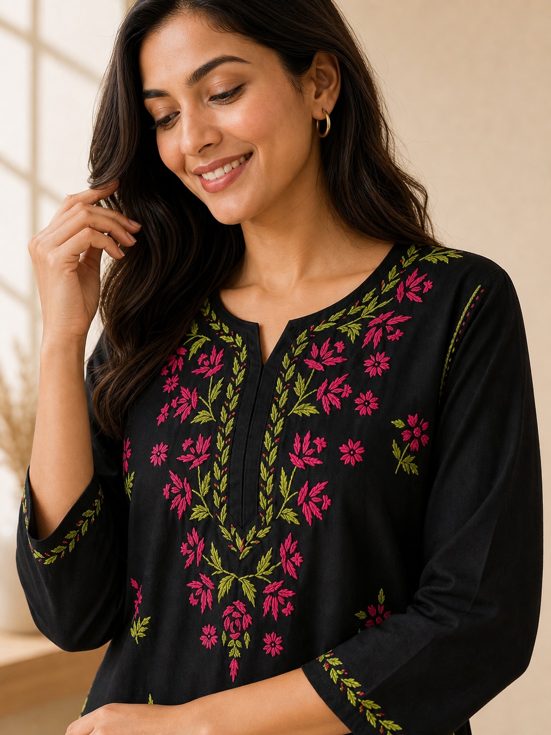 Black and Pink Floral Chikankari Rayon Long Set view 2