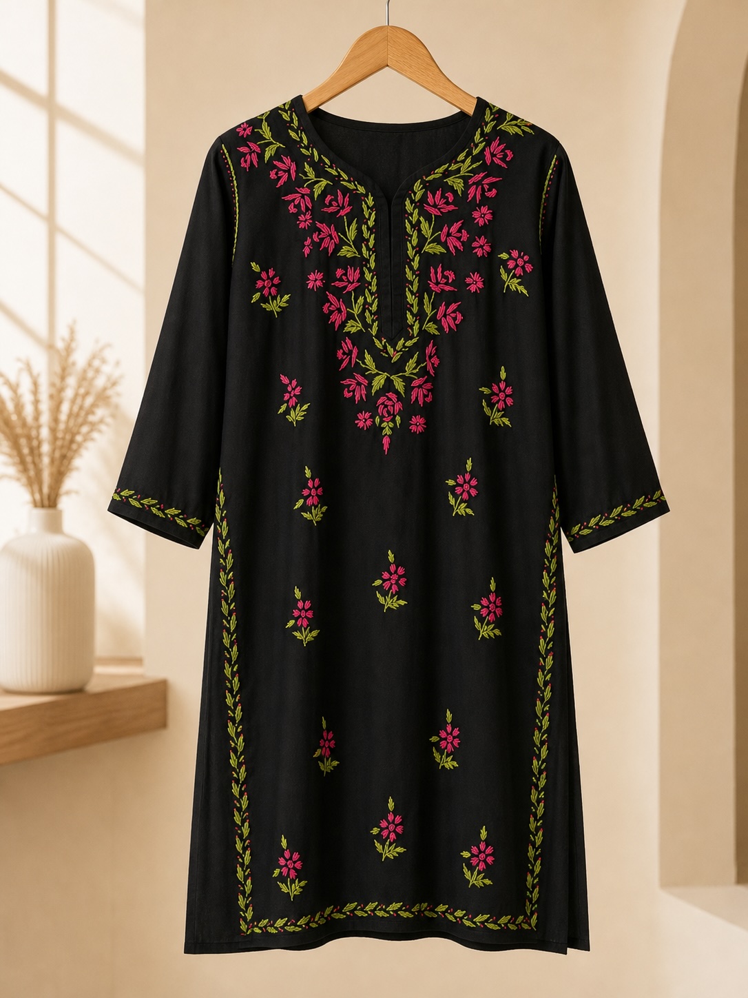 Black and Pink Floral Chikankari Rayon Long Set view 3