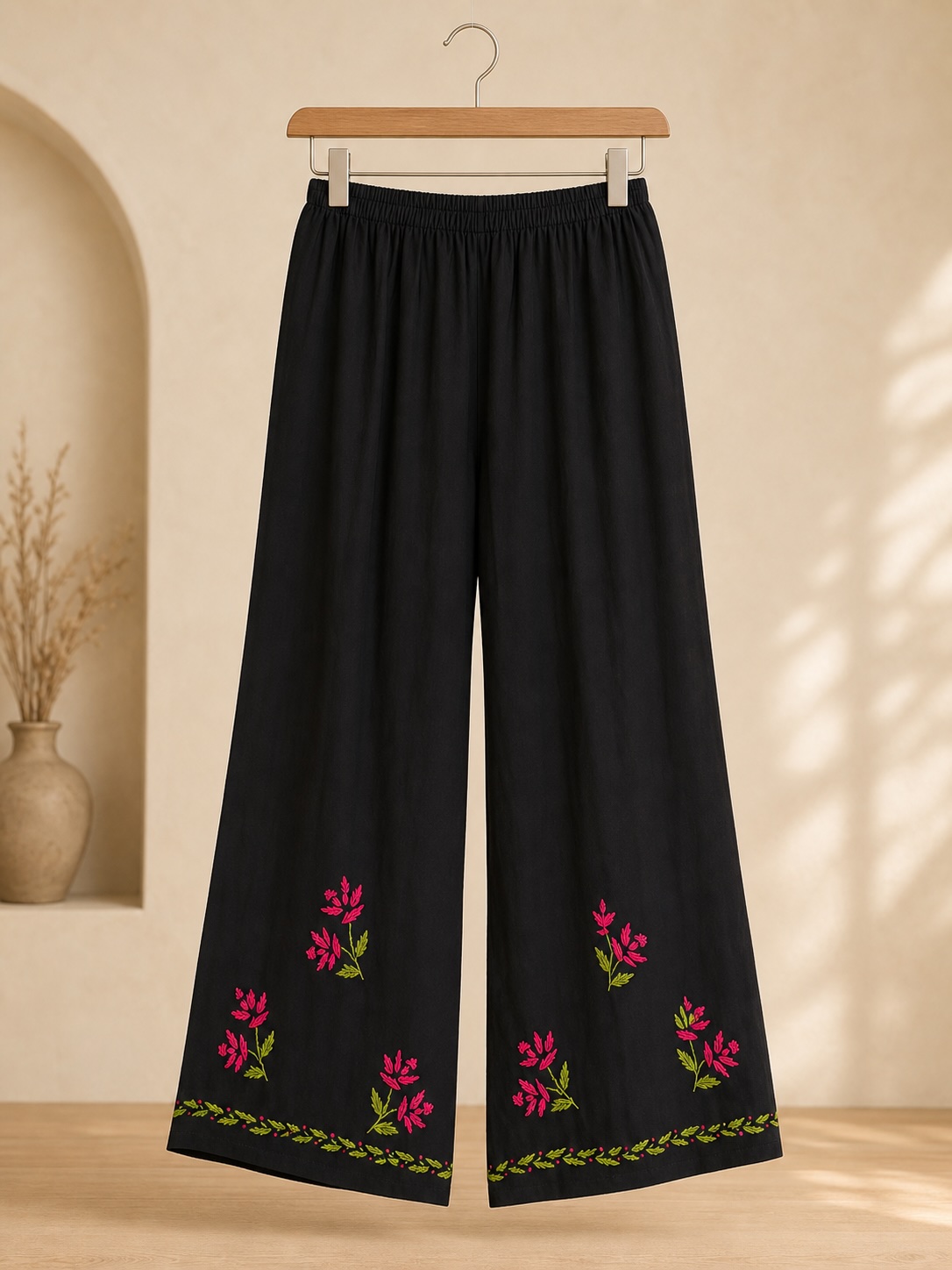 Black and Pink Floral Chikankari Rayon Long Set view 4