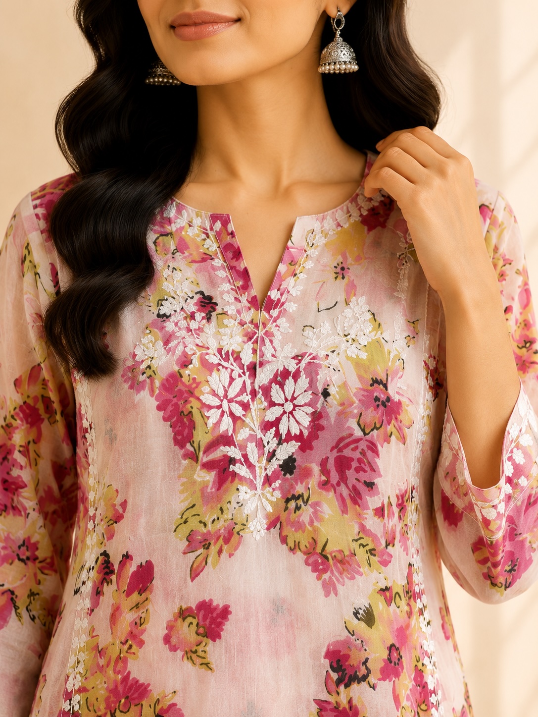 Pink Floral Chikankari Modal Printed Long Kurta view 2