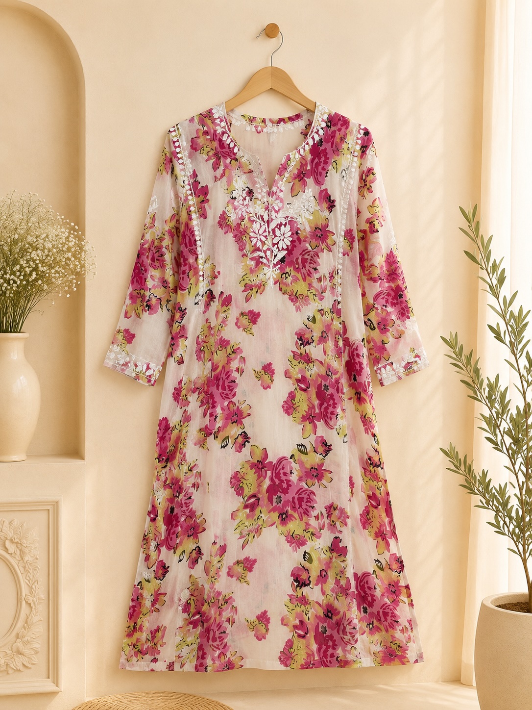 Pink Floral Chikankari Modal Printed Long Kurta view 3
