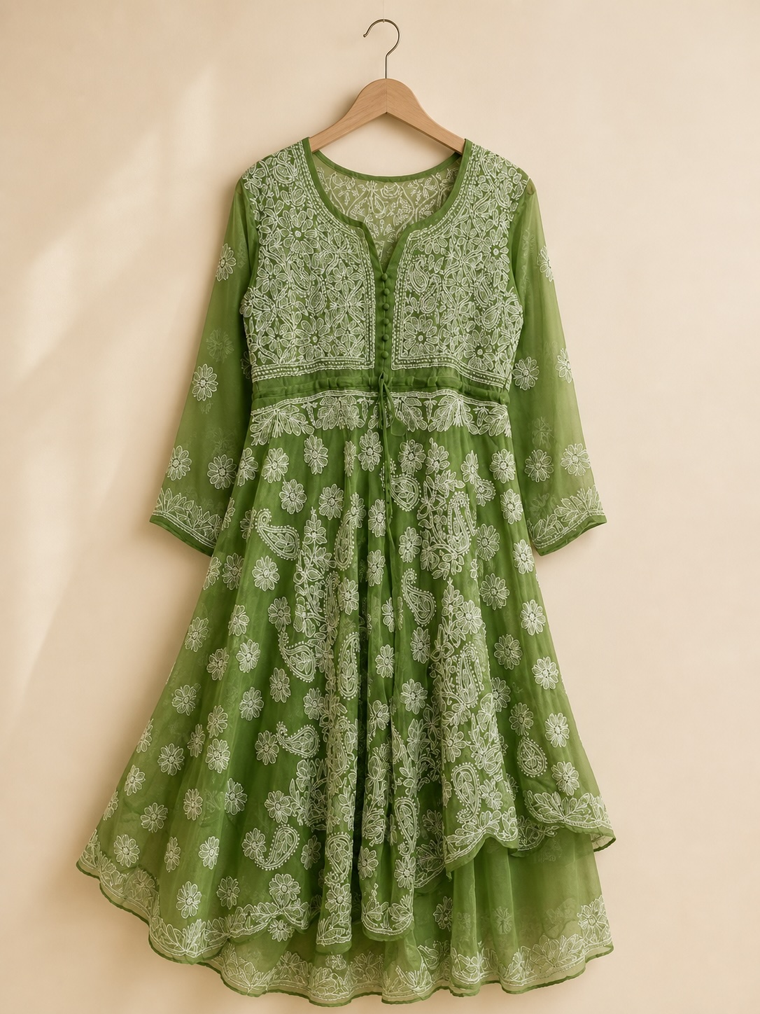 Olive Green Layered Georgette with Lining Anarkali view 2