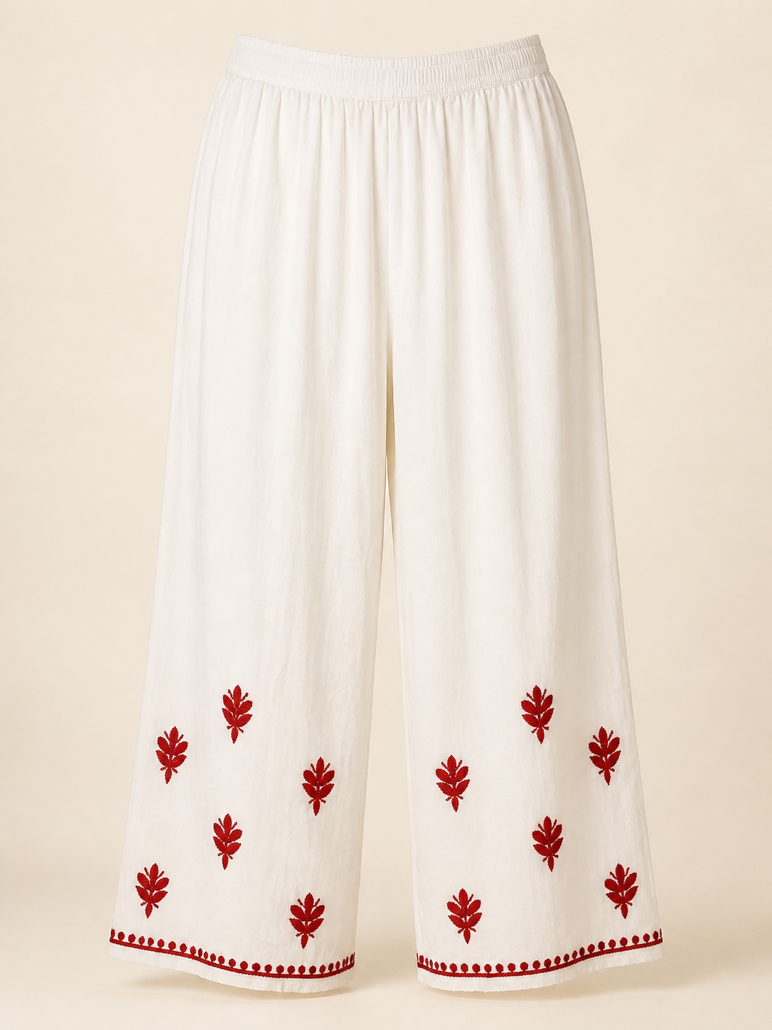 Off White Red Motif Palazzo Pants view 2