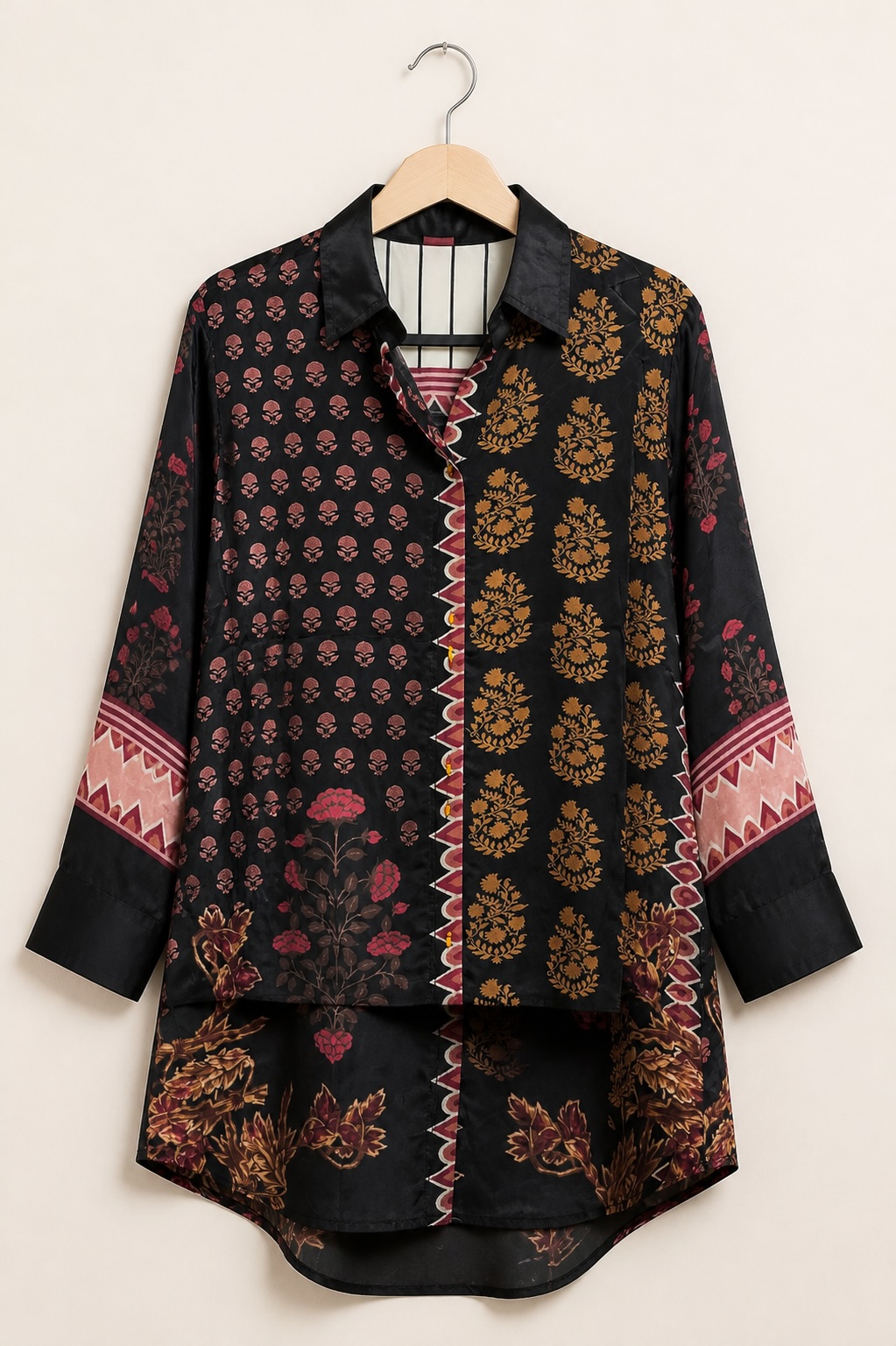 Black and Rust Printed Crepe Faux-Button Shirt-Style Tunic view 2