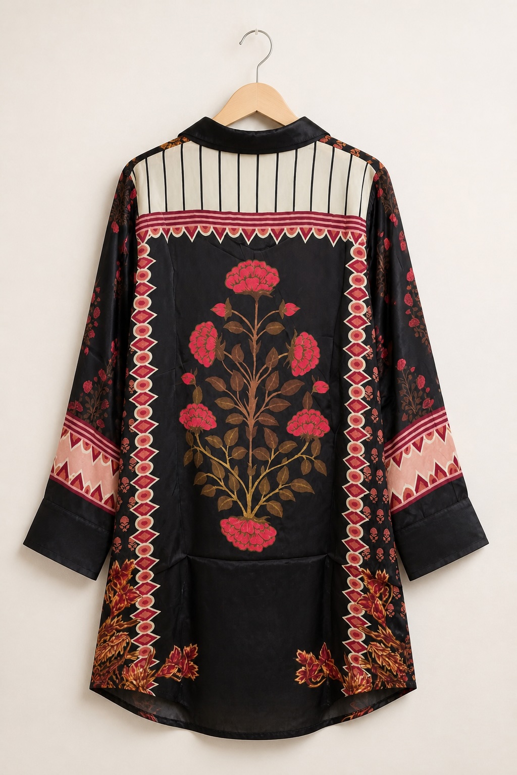 Black and Rust Printed Crepe Faux-Button Shirt-Style Tunic view 3