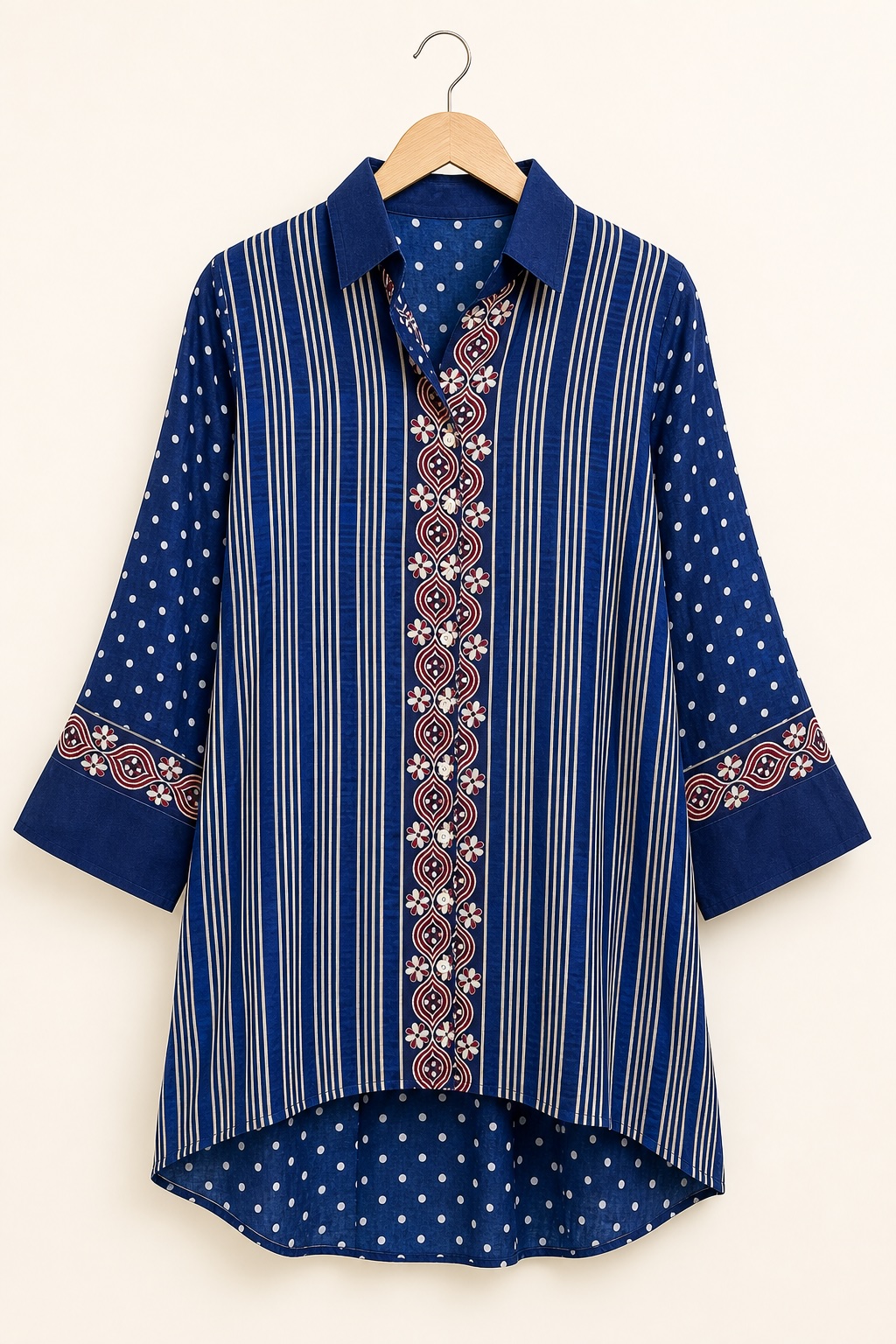 Navy Blue Striped Printed Crepe Faux-Button Shirt-Style Tunic view 2