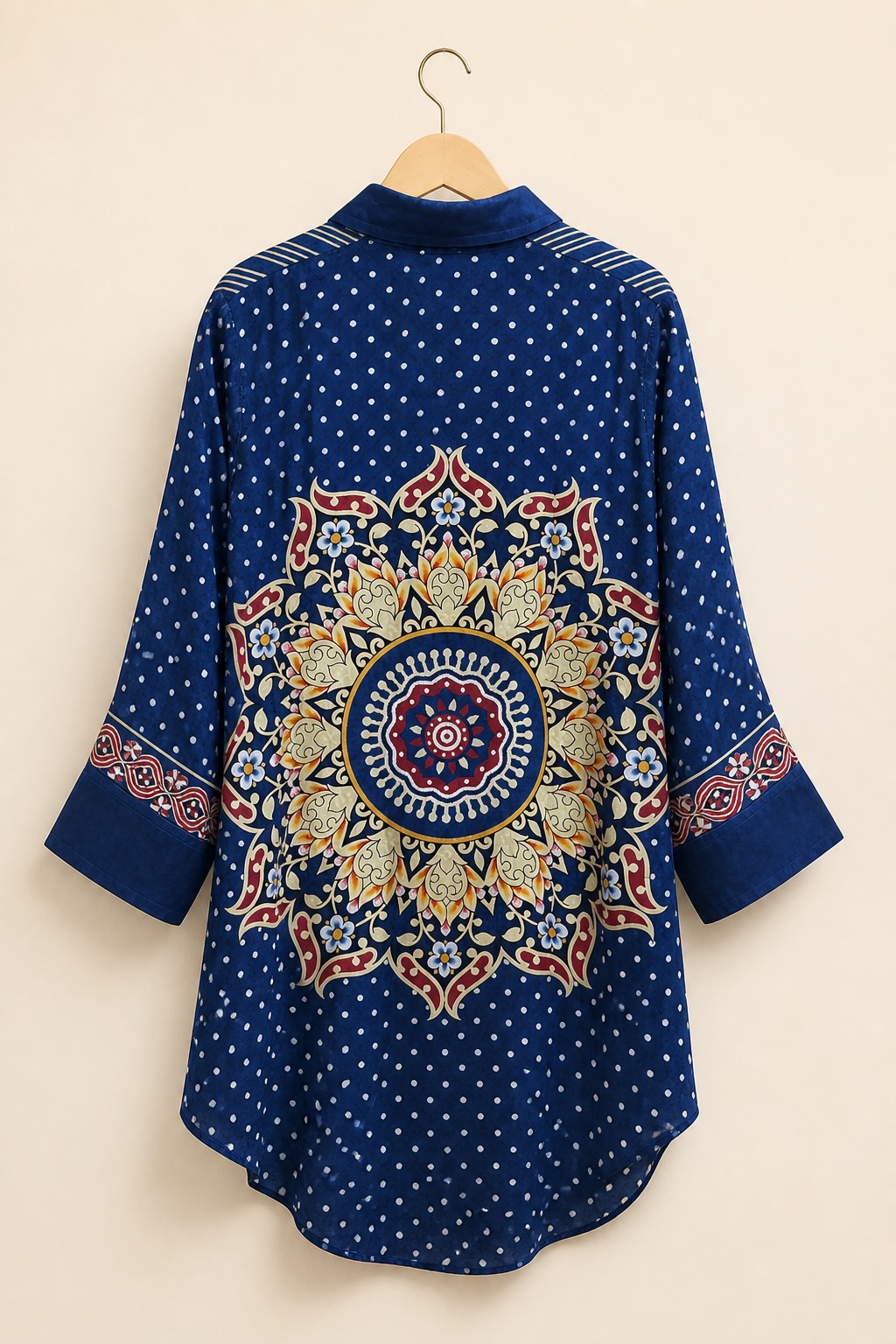Navy Blue Striped Printed Crepe Faux-Button Shirt-Style Tunic view 3