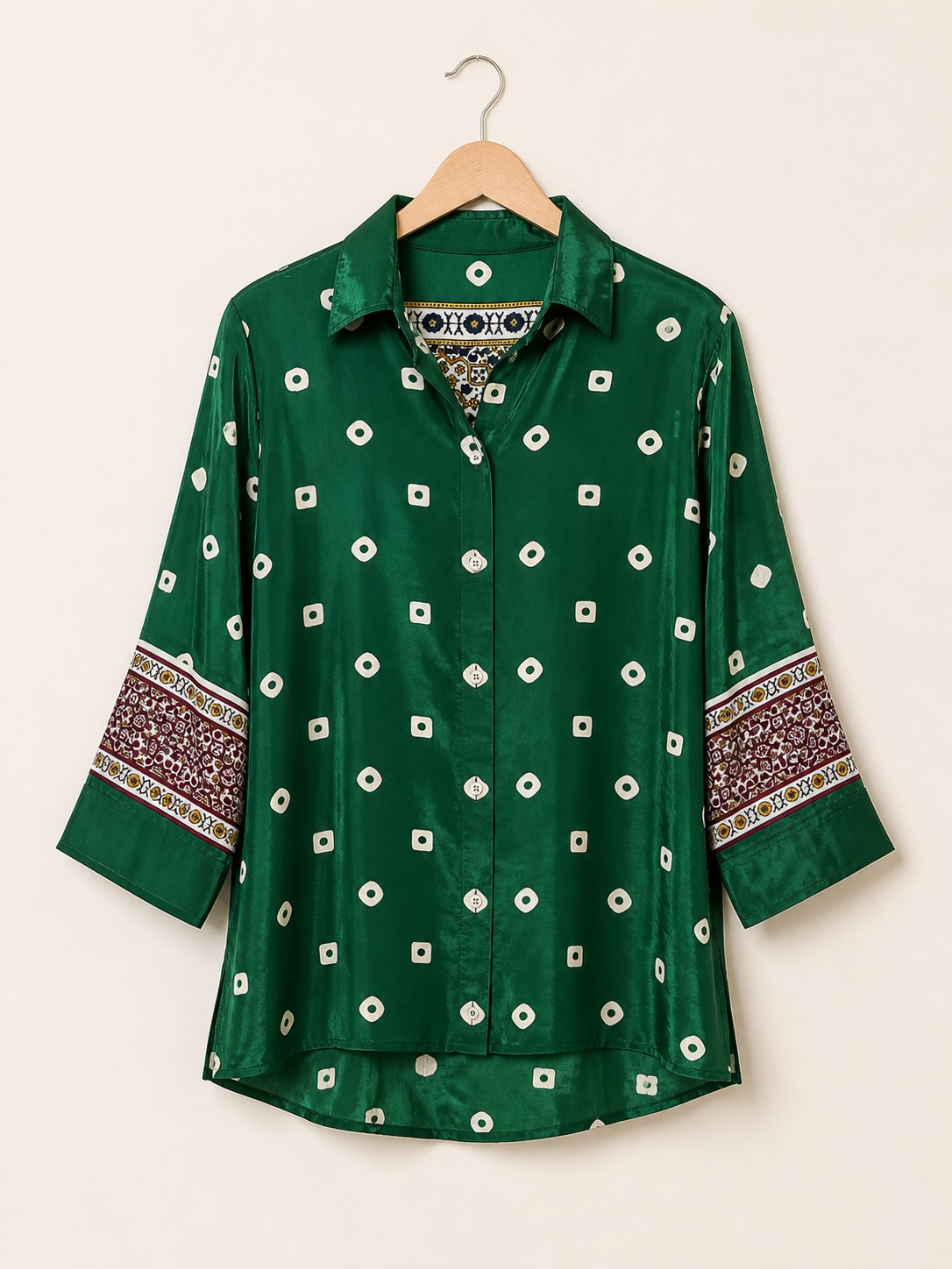 Bottle Green Printed Crepe Faux-Button Shirt-Style Tunic with Contrast Sleeves view 2