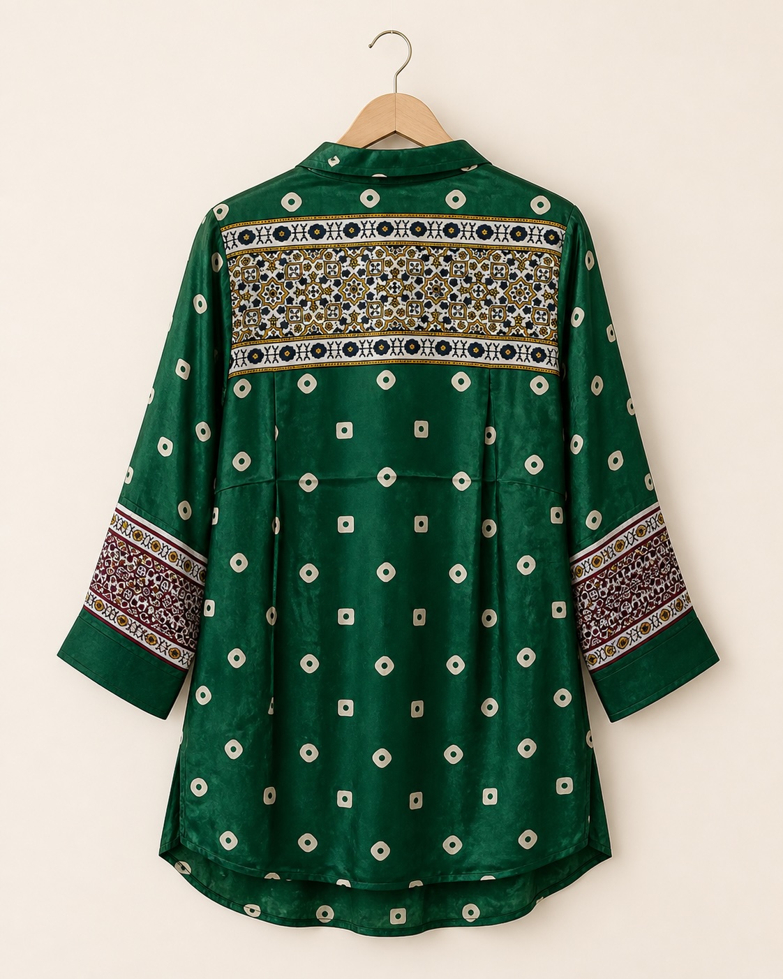 Bottle Green Printed Crepe Faux-Button Shirt-Style Tunic with Contrast Sleeves view 3