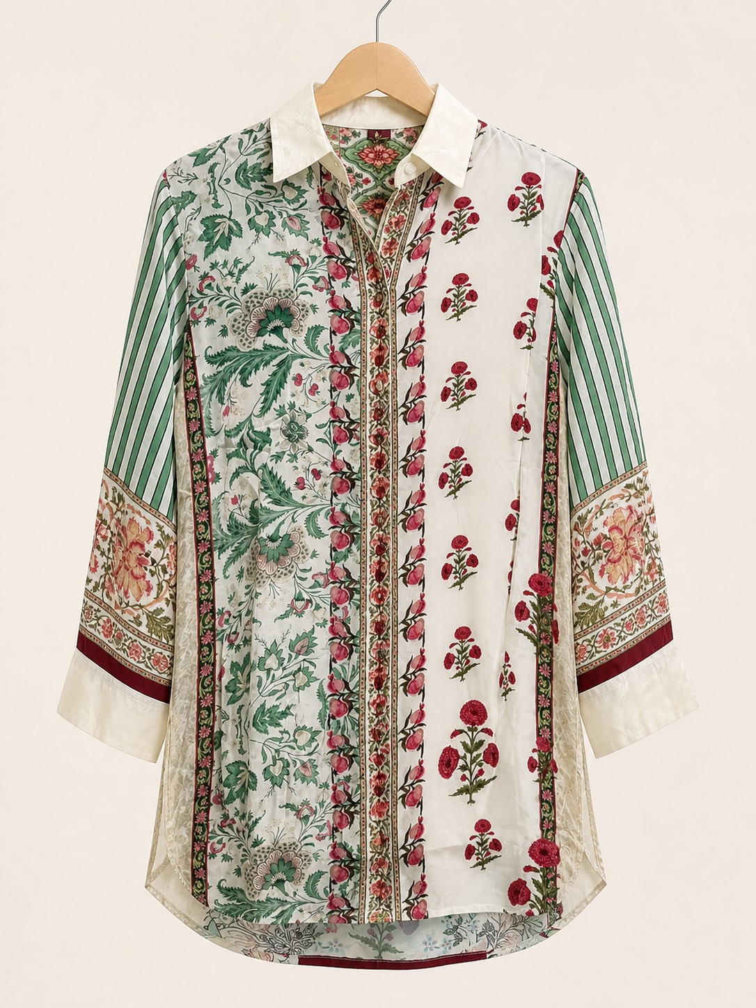 Cream Floral Printed Crepe Faux-Button Shirt-Style Tunic with Contrast Sleeves view 2