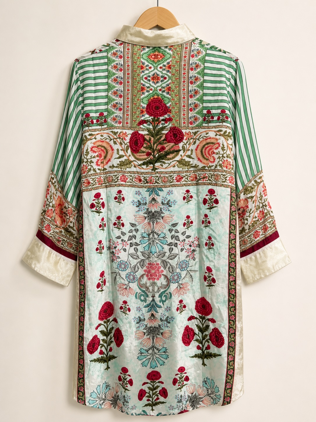 Cream Floral Printed Crepe Faux-Button Shirt-Style Tunic with Contrast Sleeves view 3