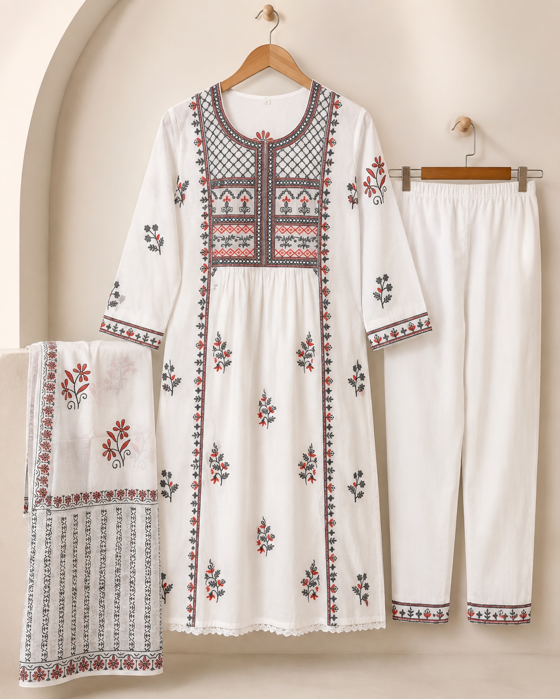White Floral Embroidered Cotton Chudidar Set view 2