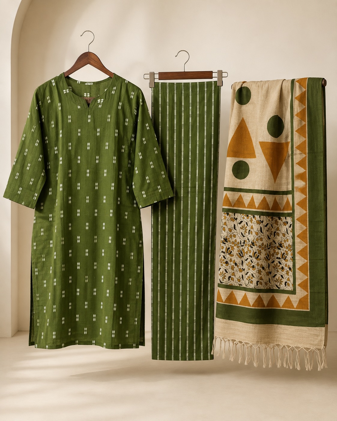 Olive Green Printed Cotton Chudidar Set view 2