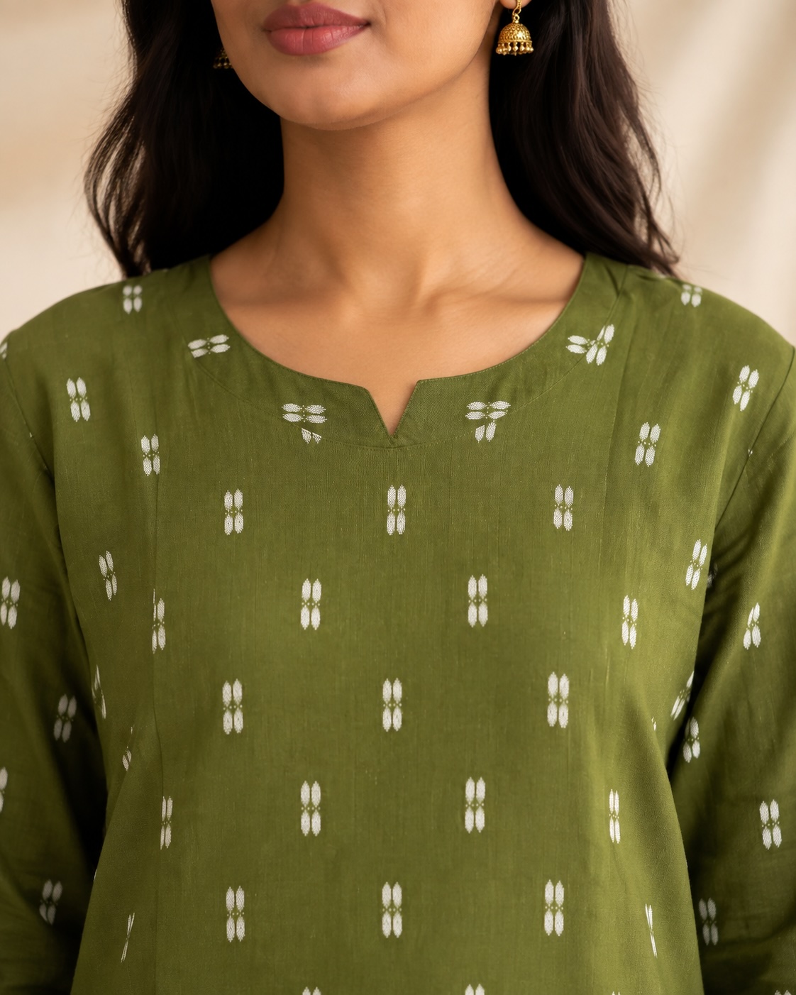 Olive Green Printed Cotton Chudidar Set view 3