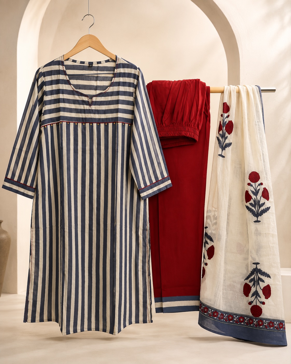 Navy Stripe Floral Printed Cotton Chudidar Set view 2
