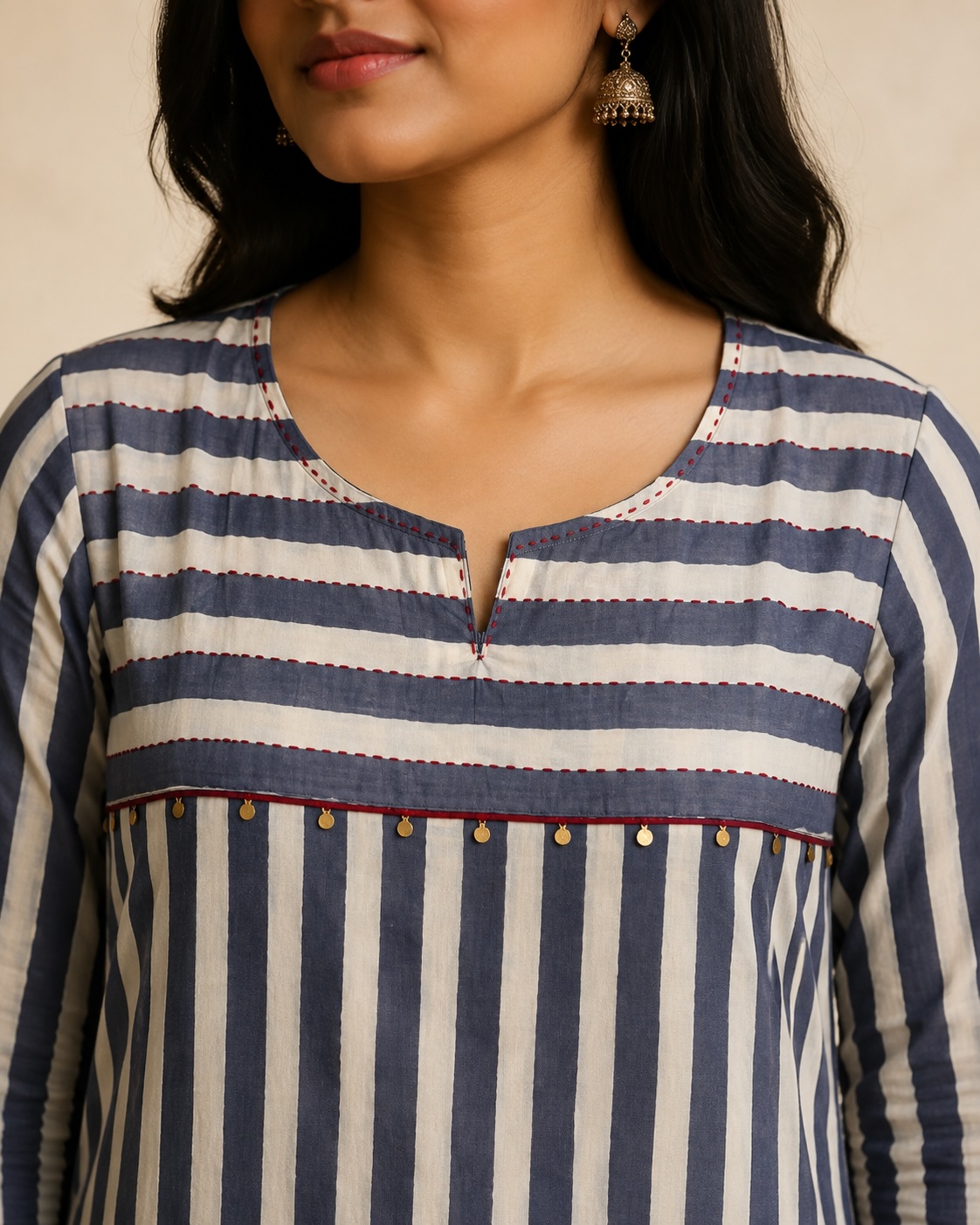 Navy Stripe Floral Printed Cotton Chudidar Set view 3