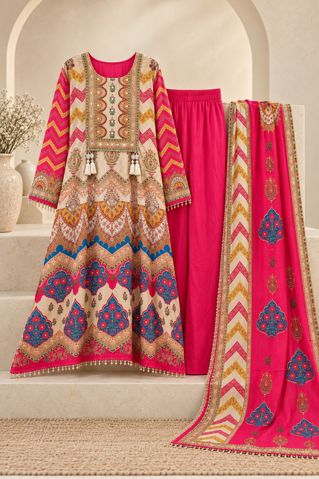 Pink and Cream Festive Chinon Suit Set view 2