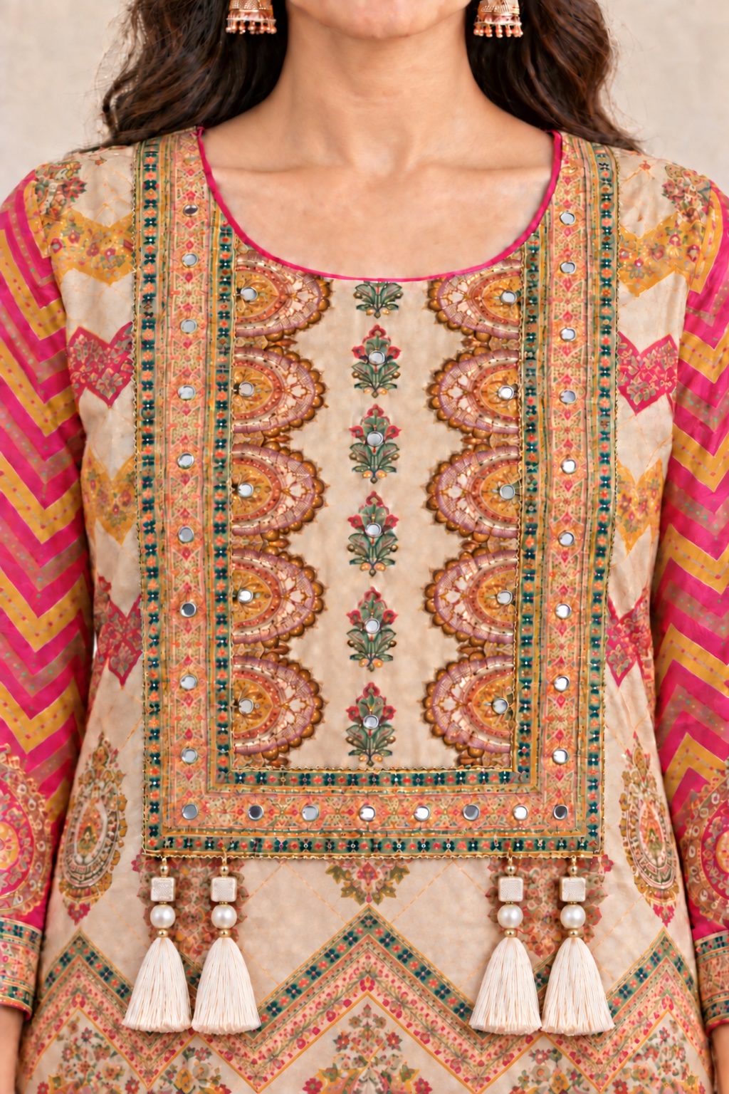 Pink and Cream Festive Chinon Suit Set view 3