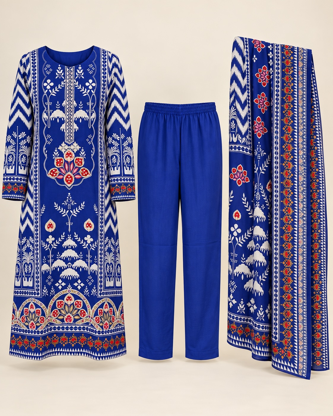 Royal Blue Bloom Printed Ikat Dola Silk Chudidar Set view 2