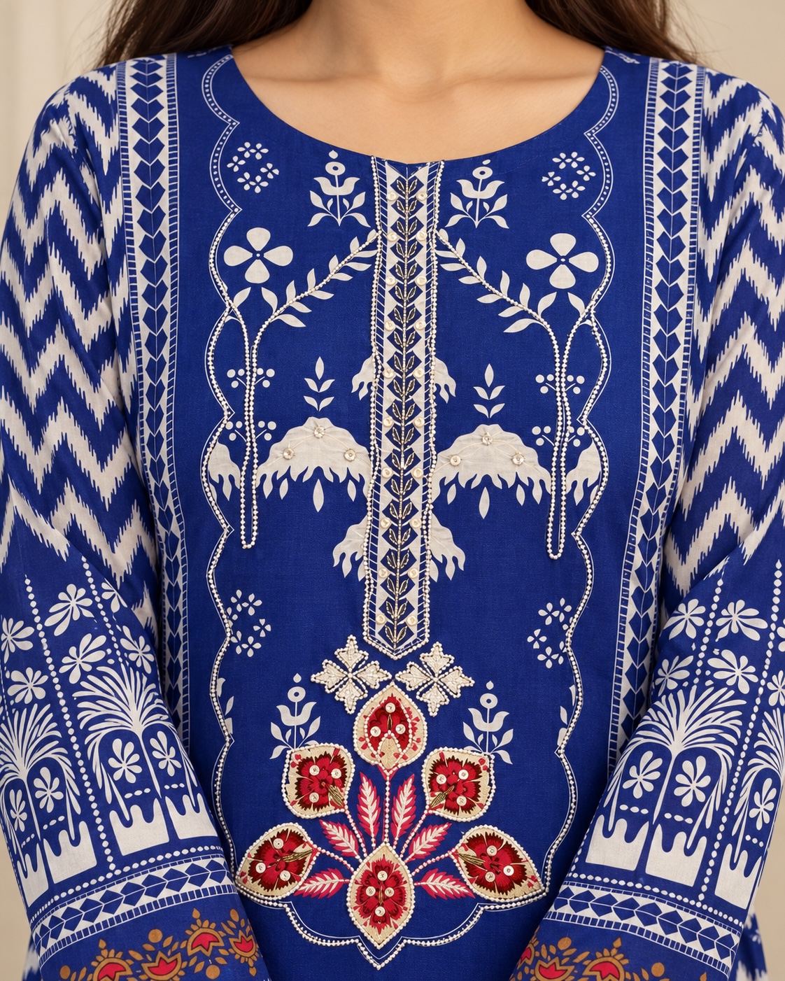 Royal Blue Bloom Printed Ikat Dola Silk Chudidar Set view 3