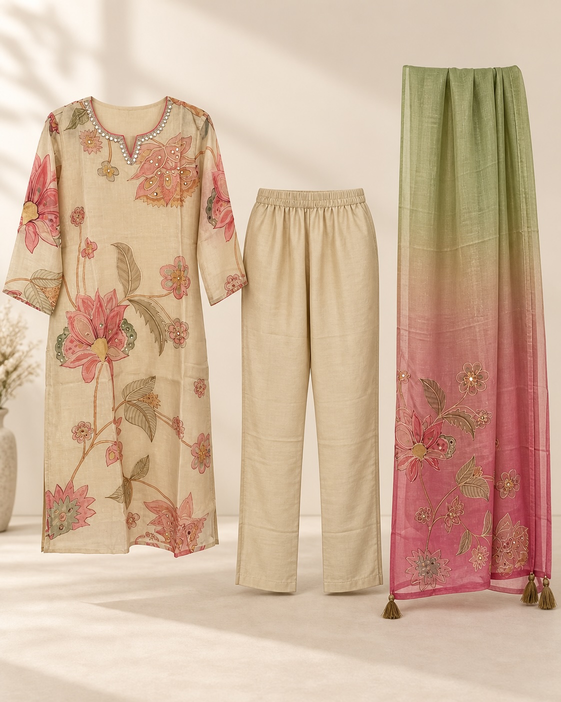 Blush Garden Printed Salsa Silk Aari Work Chudidar Set view 2