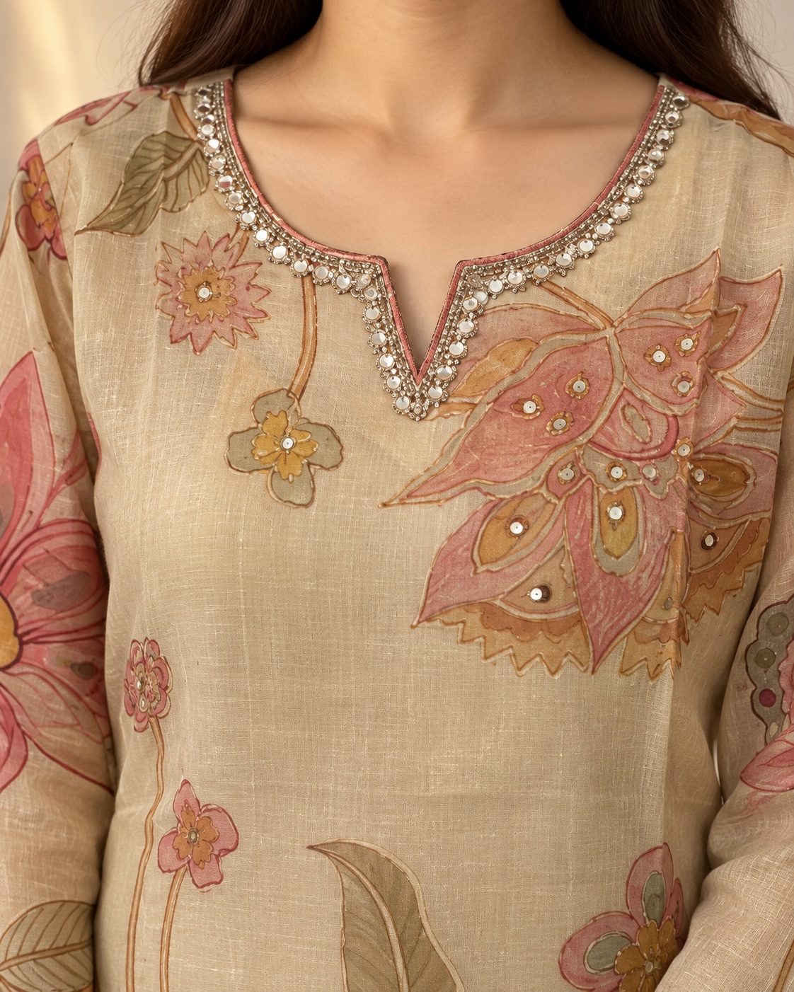 Blush Garden Printed Salsa Silk Aari Work Chudidar Set view 3