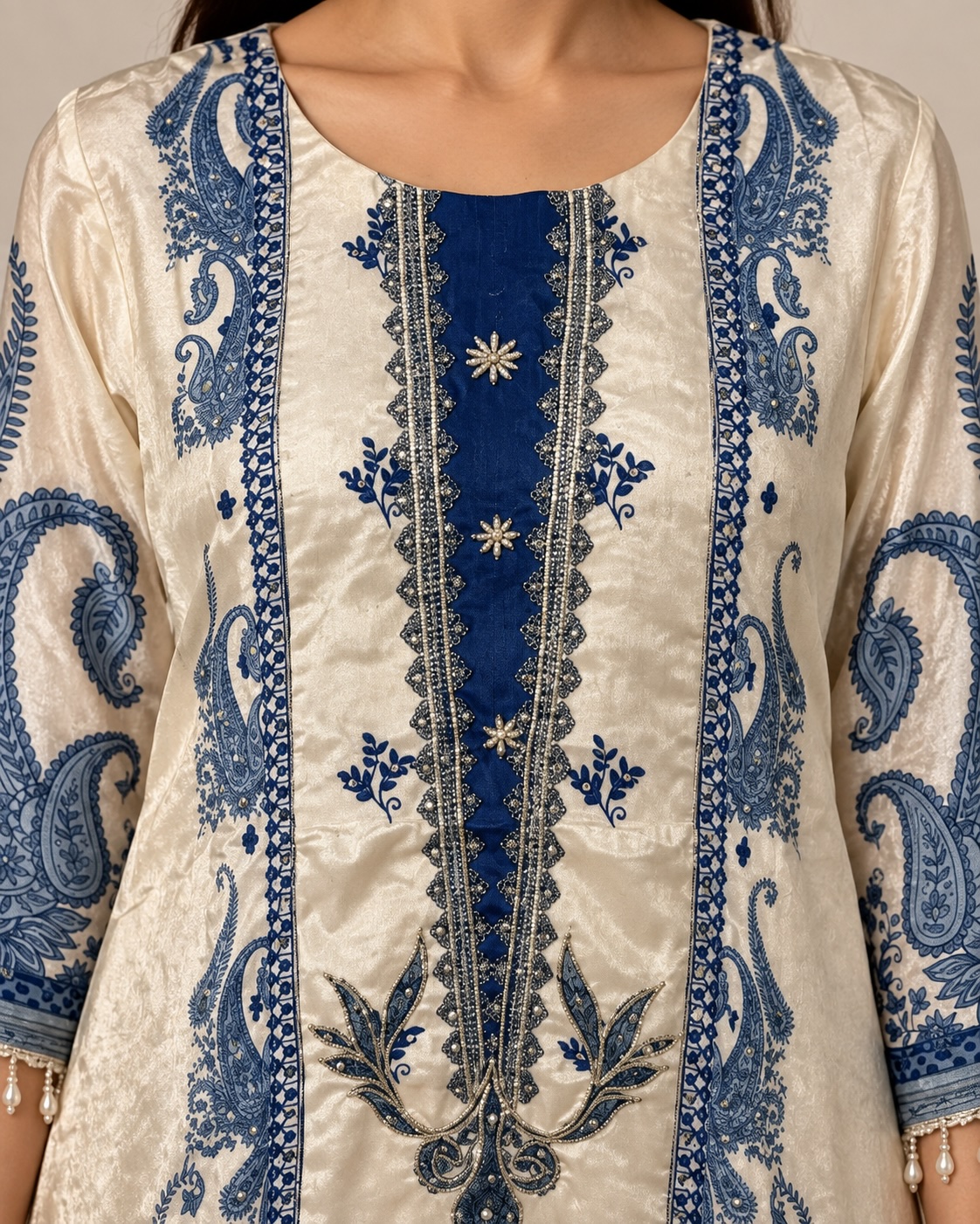 Blue Pearl Paisley Pure Chinon Aari Work Chudidar Set view 3