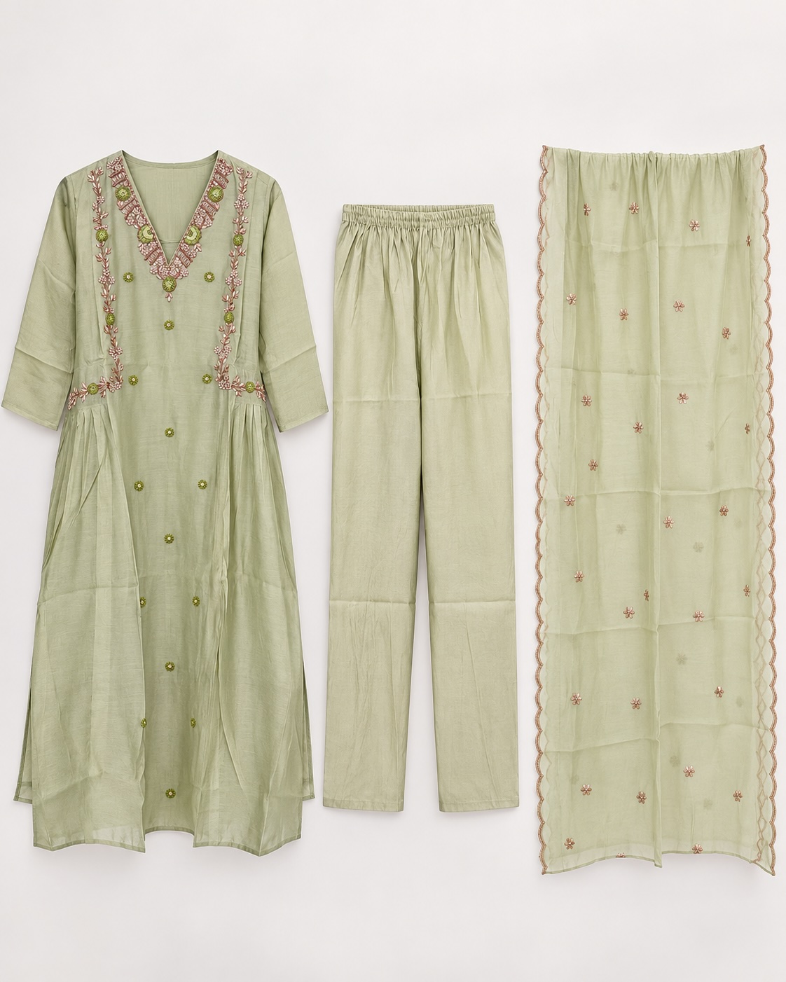 Sage Green Blossom Malmal Chanderi Silk Katdana Work Chudidar Set view 2