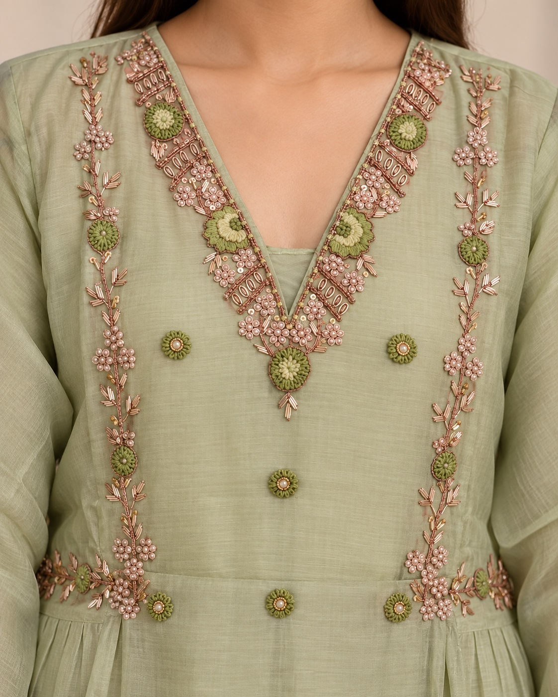 Sage Green Blossom Malmal Chanderi Silk Katdana Work Chudidar Set view 3