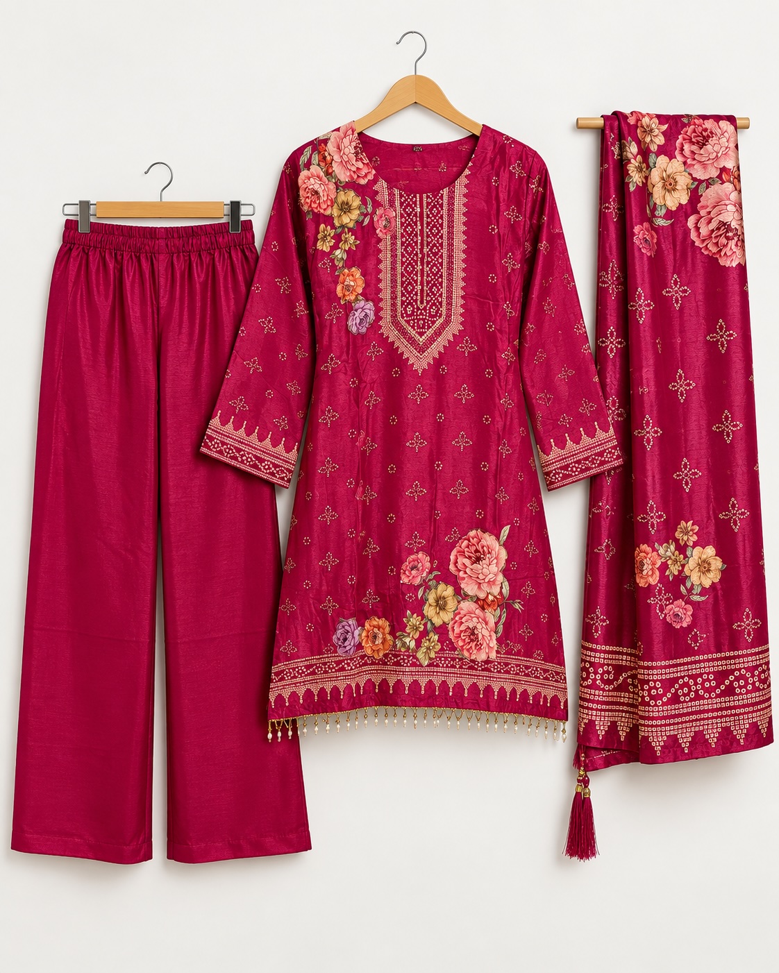 Raspberry Floral Handwork Pure Chinon Co-Ord Set view 2