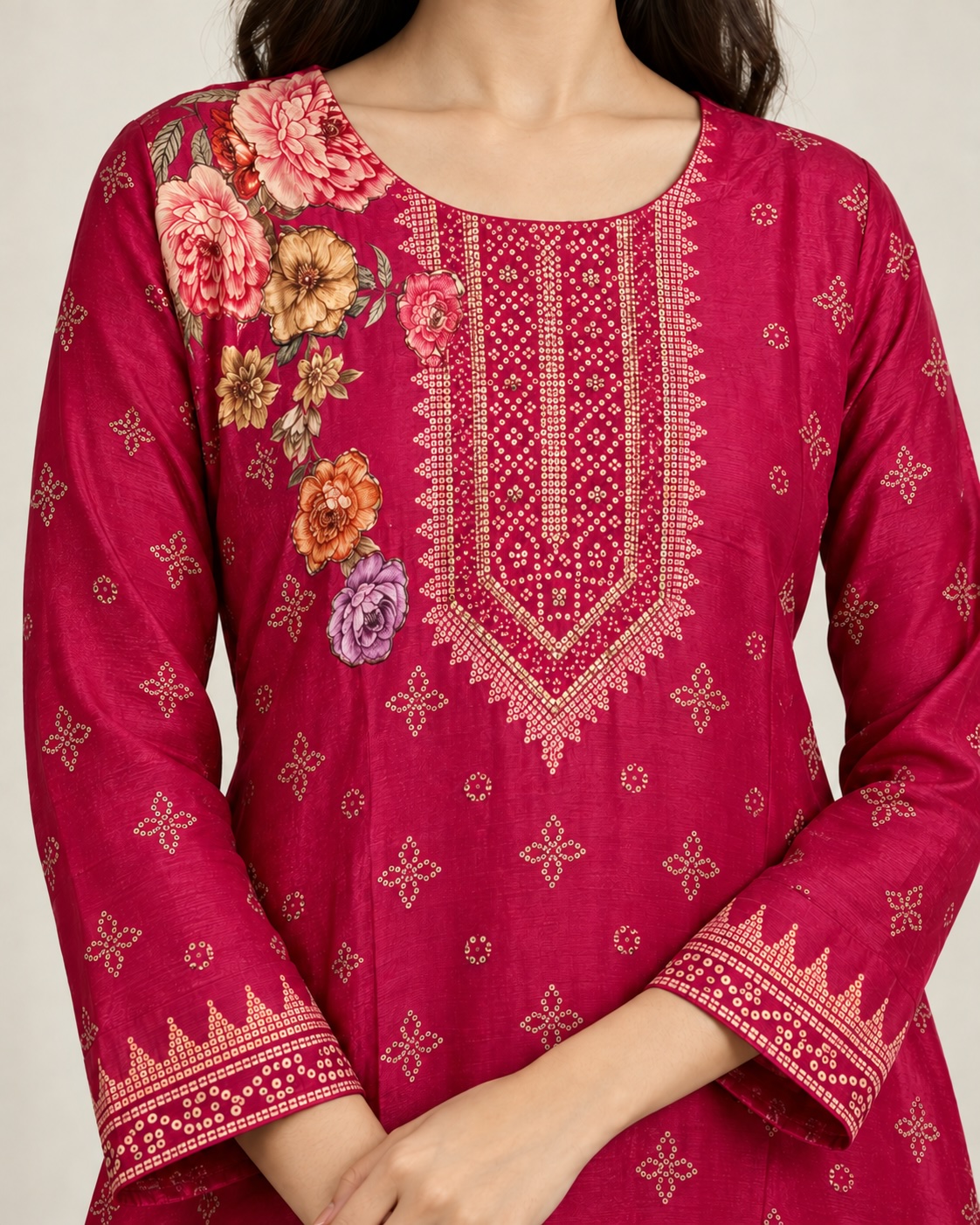 Raspberry Floral Handwork Pure Chinon Co-Ord Set view 3