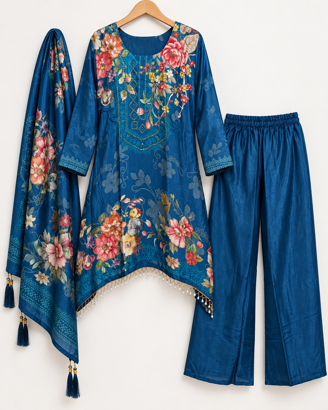 Teal Garden Hand Embroidered Chinon Co-Ord Set view 2