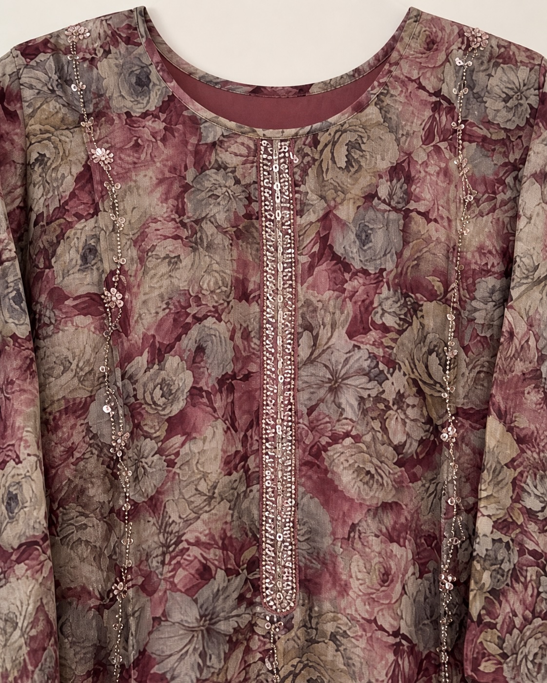 Dusty Burgundy Bloom Beadwork Glass Organza Chudidar Set view 3