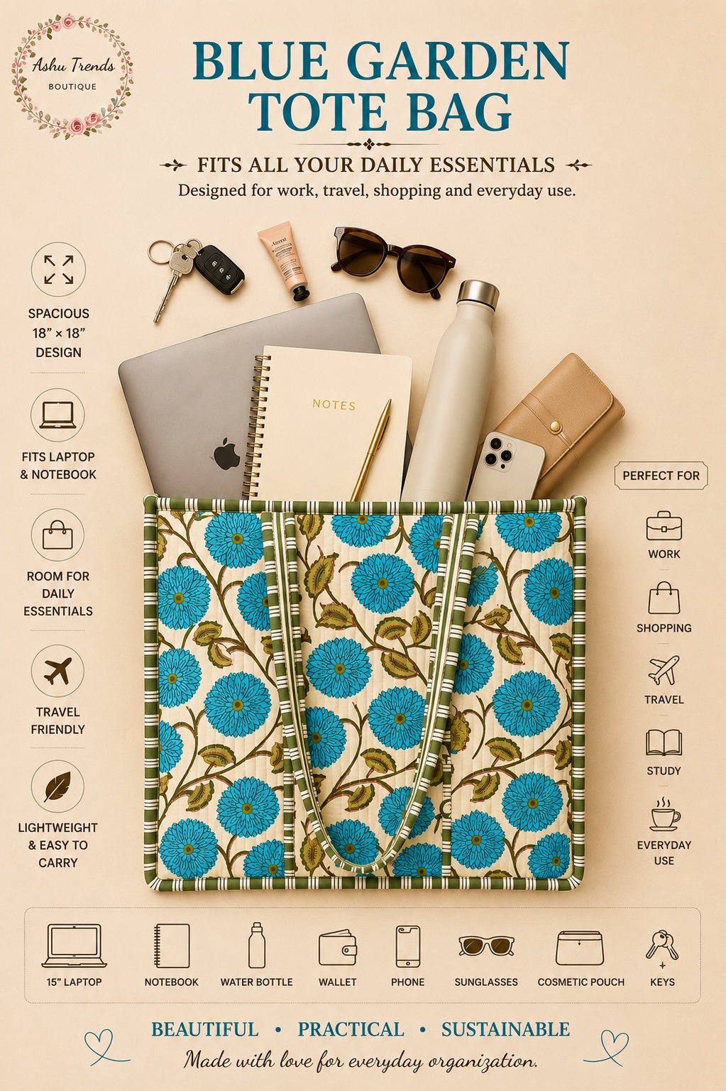 Blue Garden Tote Bag view 3