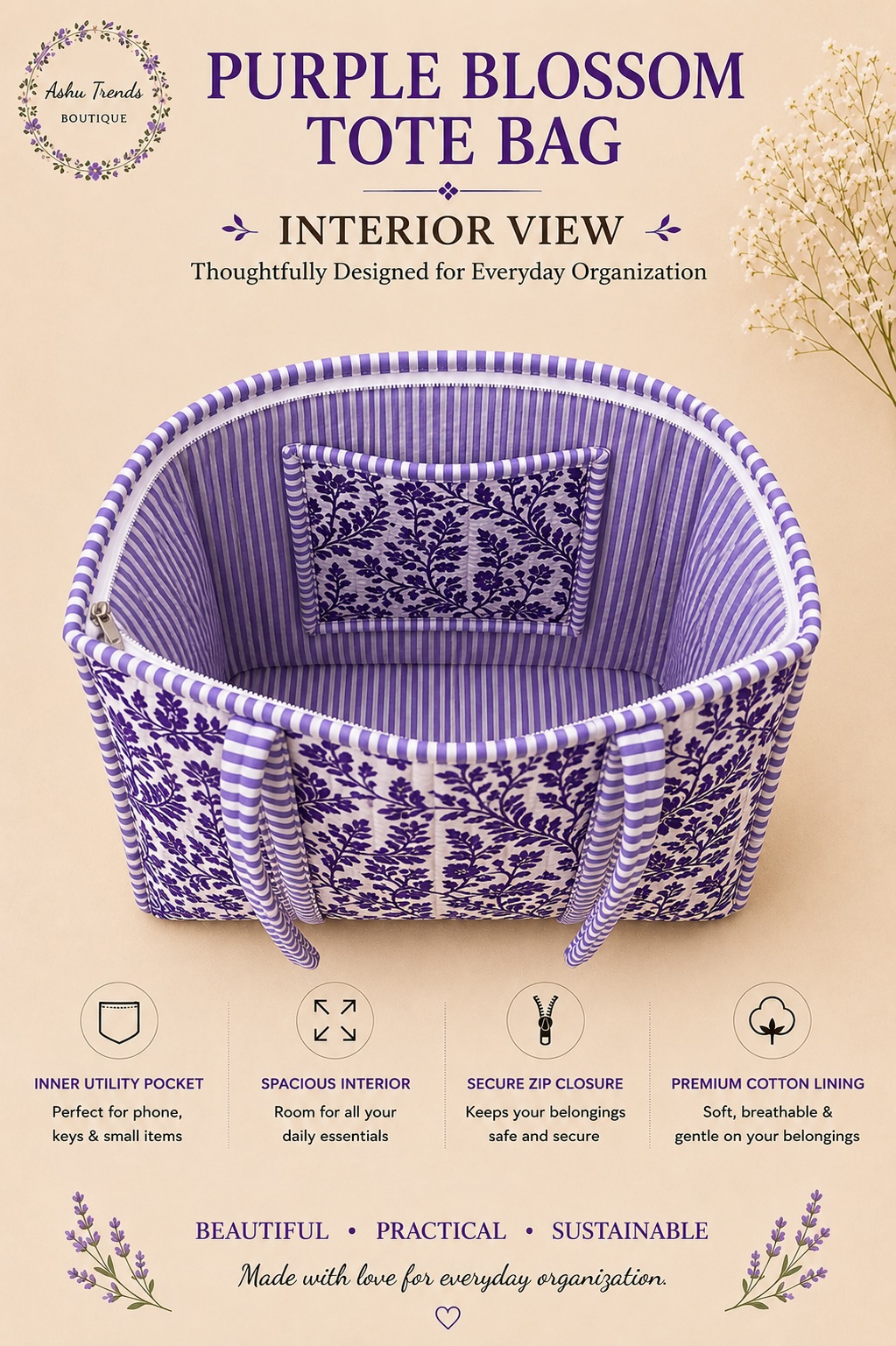 Purple Blossom Tote Bag view 2