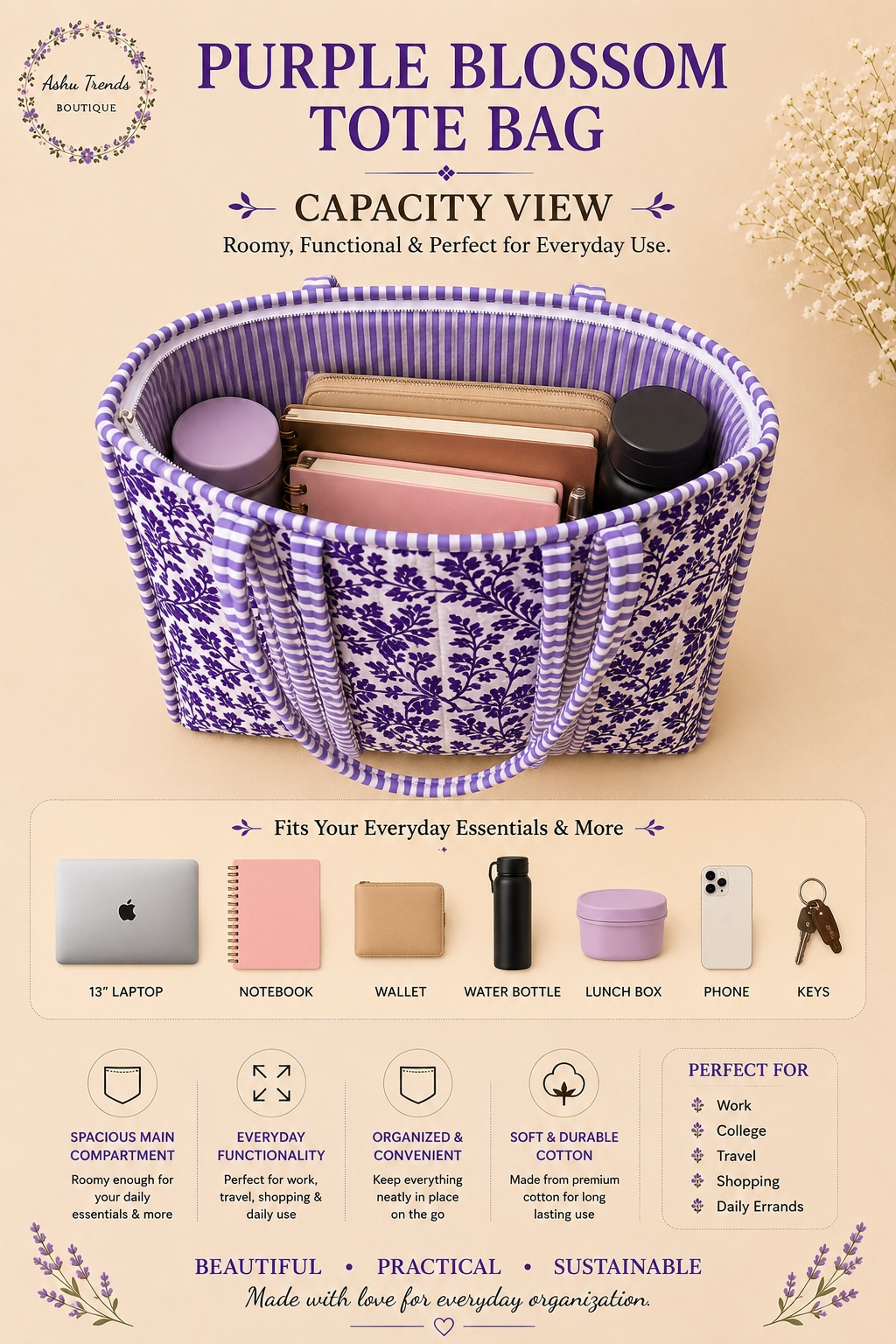 Purple Blossom Tote Bag view 3