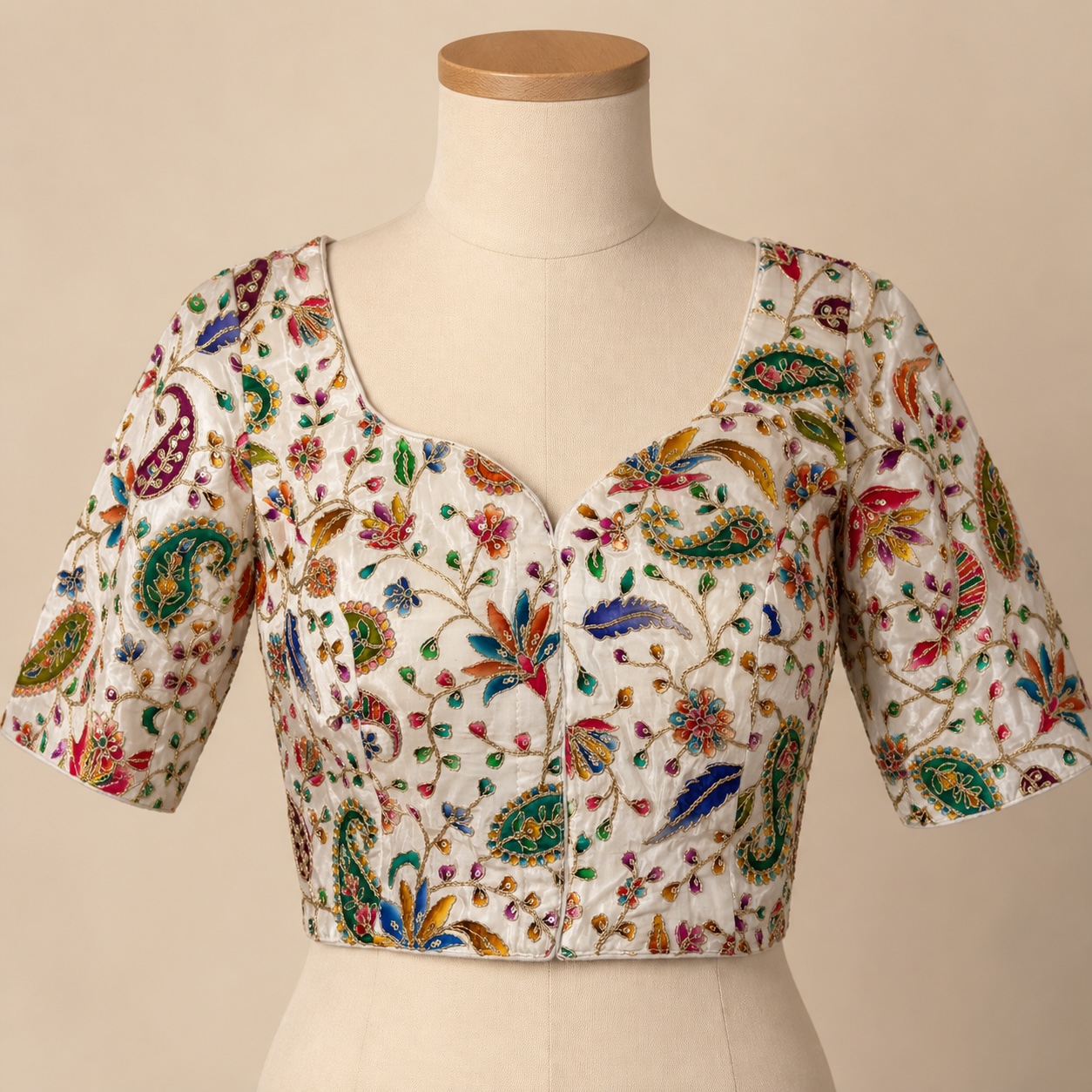 Classic Cream Paisley Art Silk Blouse w/ Cotton Lining view 2