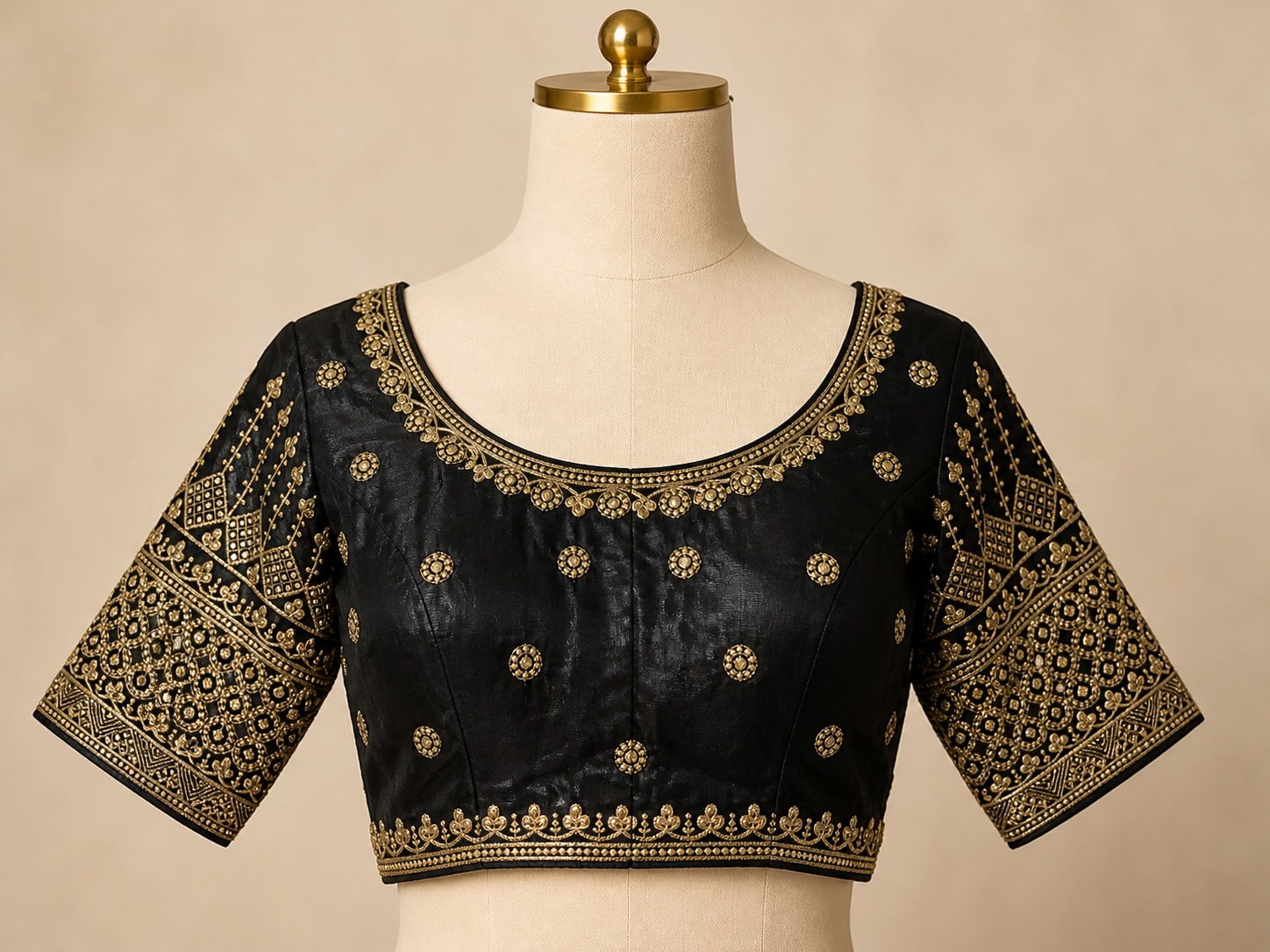 Jet Black Vintage Zari Raw Silk Blouse w/ Cotton Lining view 2