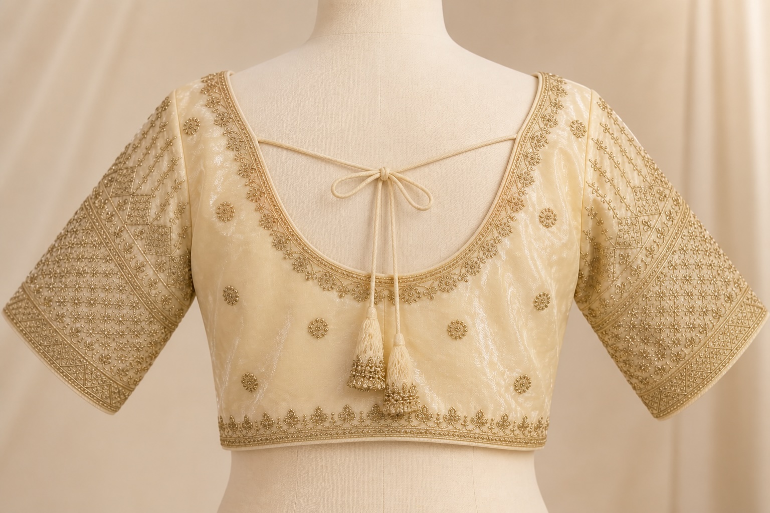 Ivory Cream Festive Zari Raw Silk Blouse w/ Cotton Lining view 3