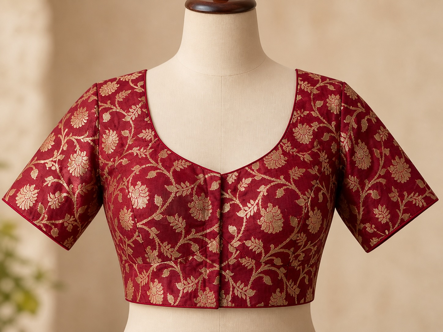 Royal Maroon Gold Zari Banarasi Brocade Blouse w/ Cotton Lining view 2