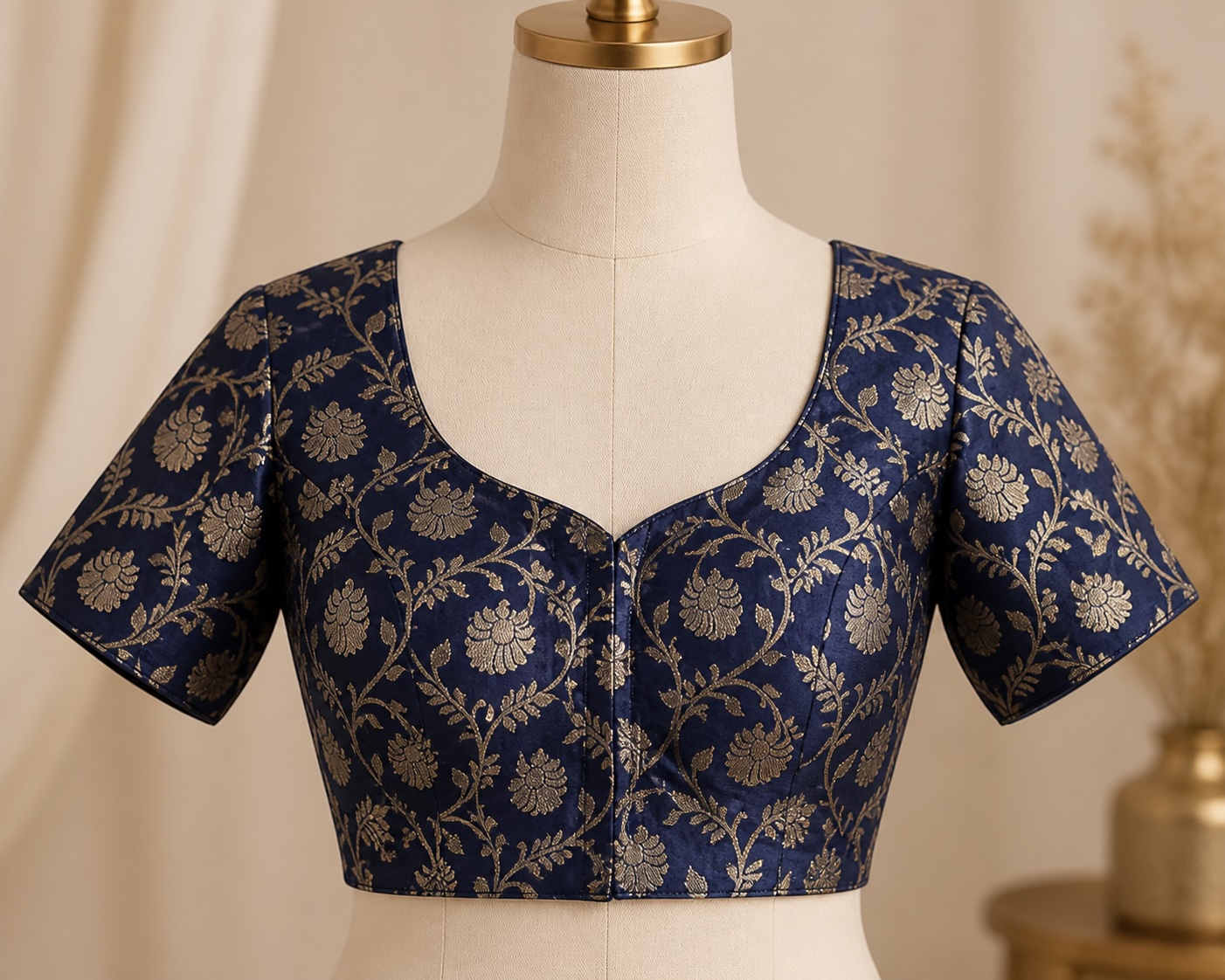 Midnight Navy Gold Zari Banarasi Brocade Blouse w/ Cotton Lining view 2