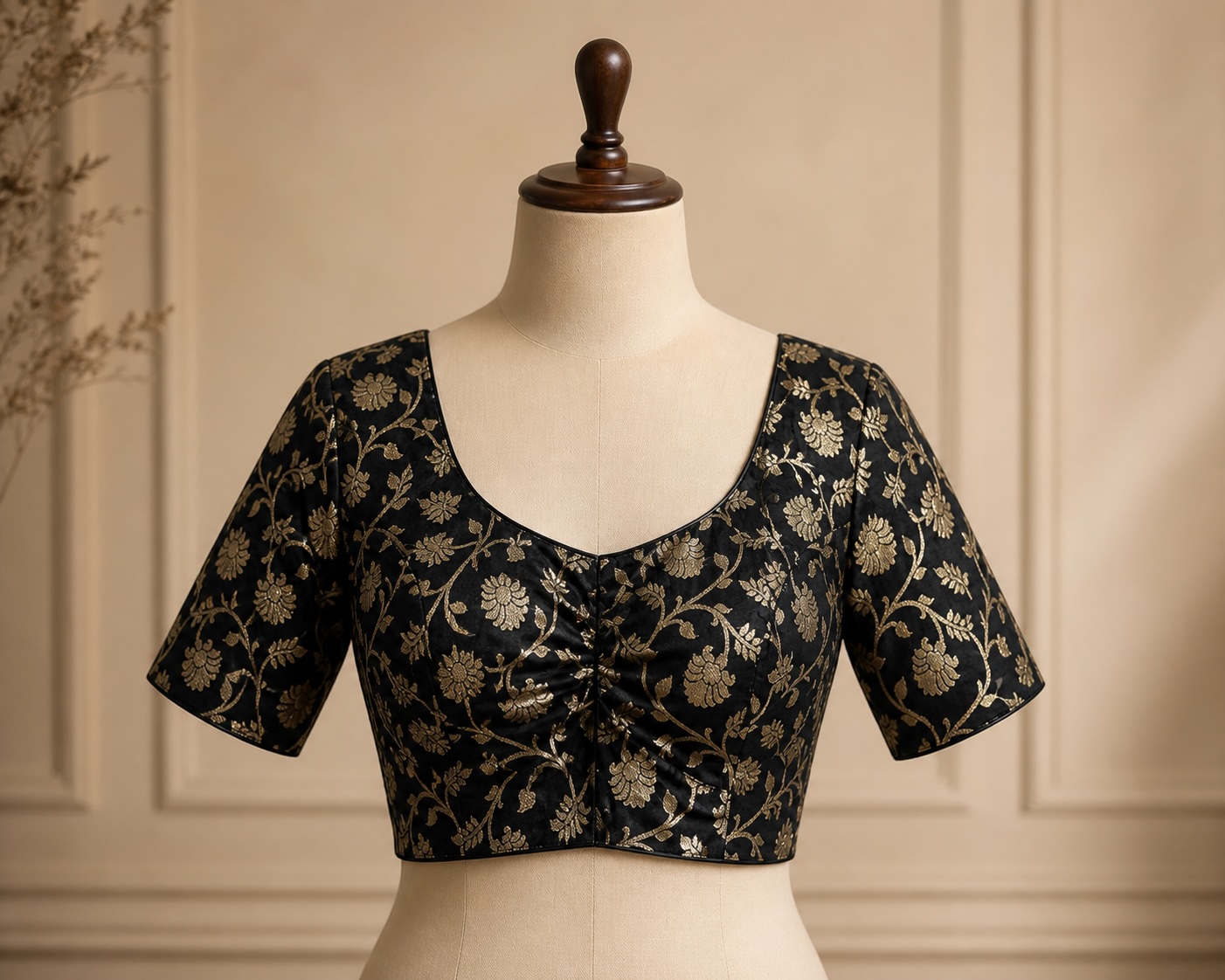 Classic Black Gold Zari Banarasi Brocade Blouse w/ Cotton Lining view 2