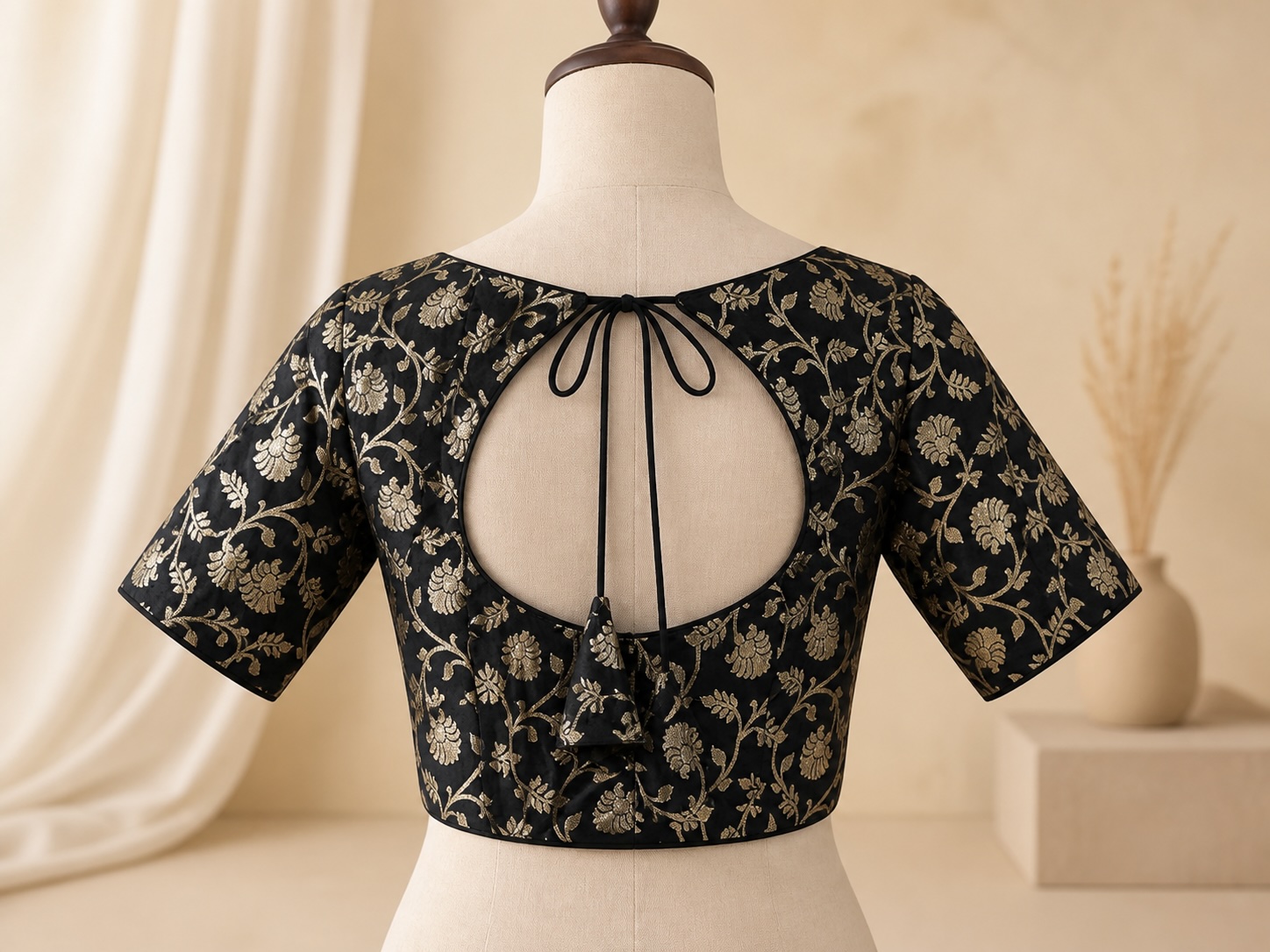 Classic Black Gold Zari Banarasi Brocade Blouse w/ Cotton Lining view 3