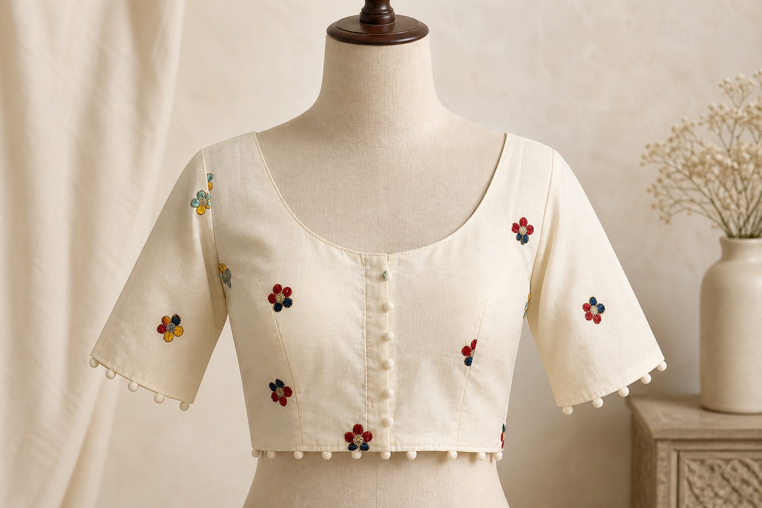 Dainty Floral Ivory Cotton Blouse w/ Cotton Lining view 2